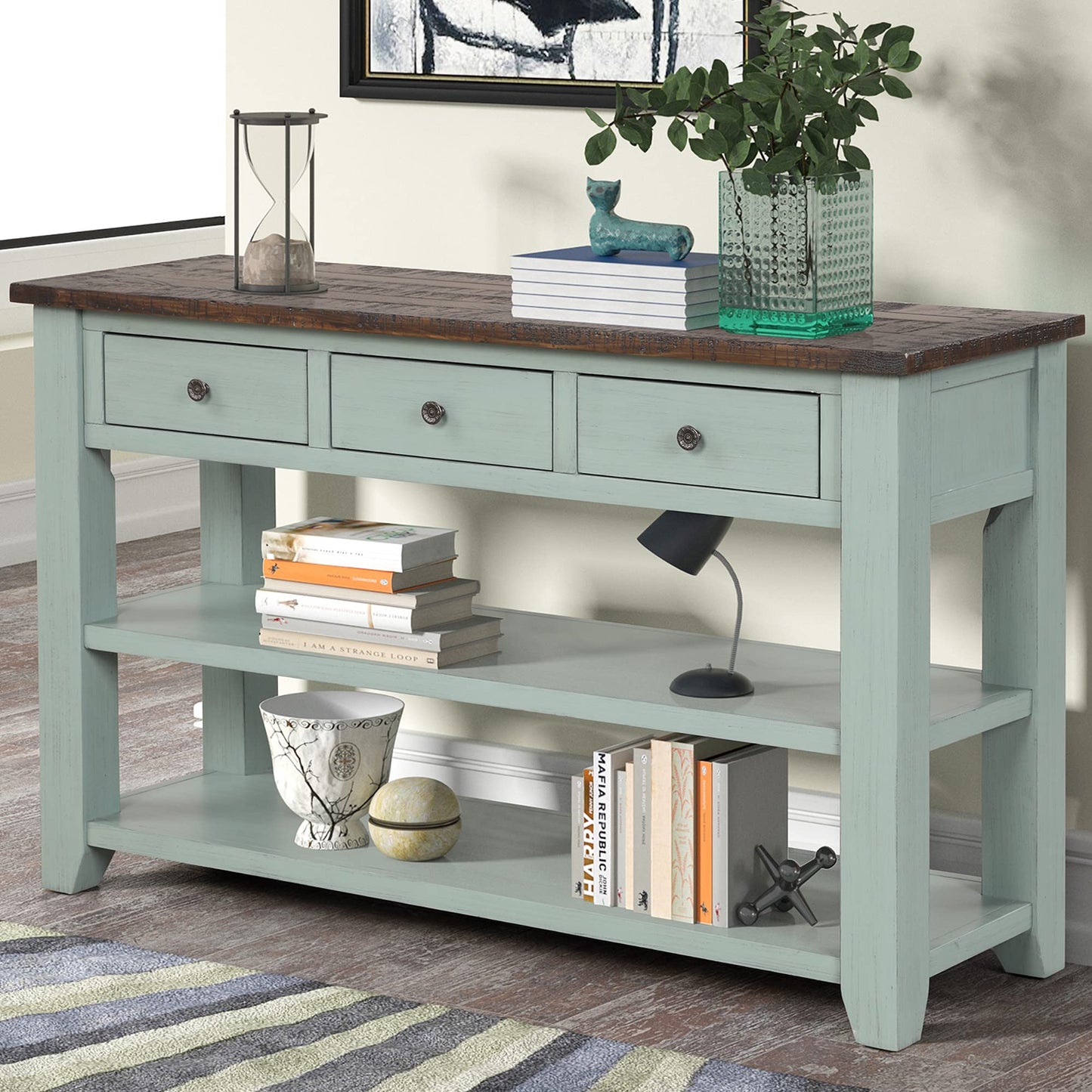 LKTART Solid Wood Console Table, Sofa Table with Storage Drawers and Bottom Shelf, Entryway Table for Entry Hallway Foyer,Easy Assembled (48.8" Green)