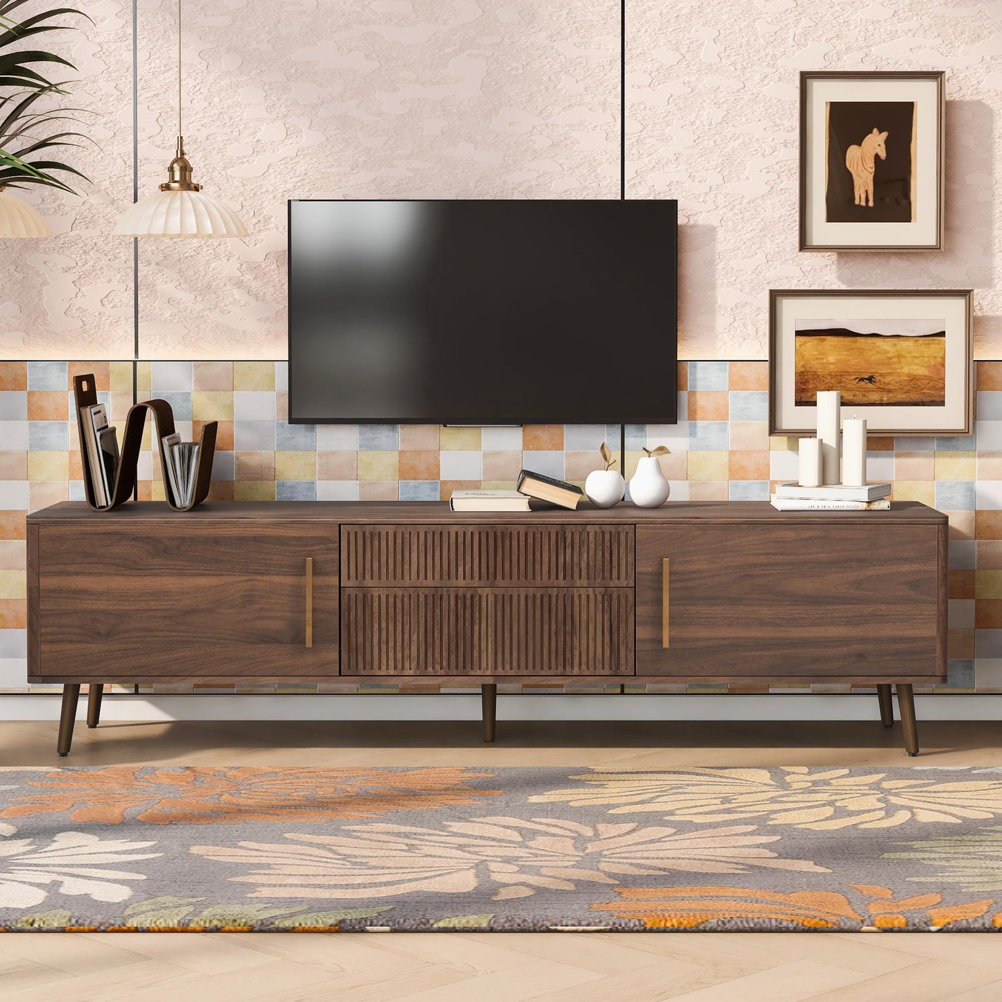 LKTART 67" Mid Century Modern TV Stand for 65/70/75/80" TVs,Entertainment Center with Sliding Doors and Drawers,Media Console for Living Room