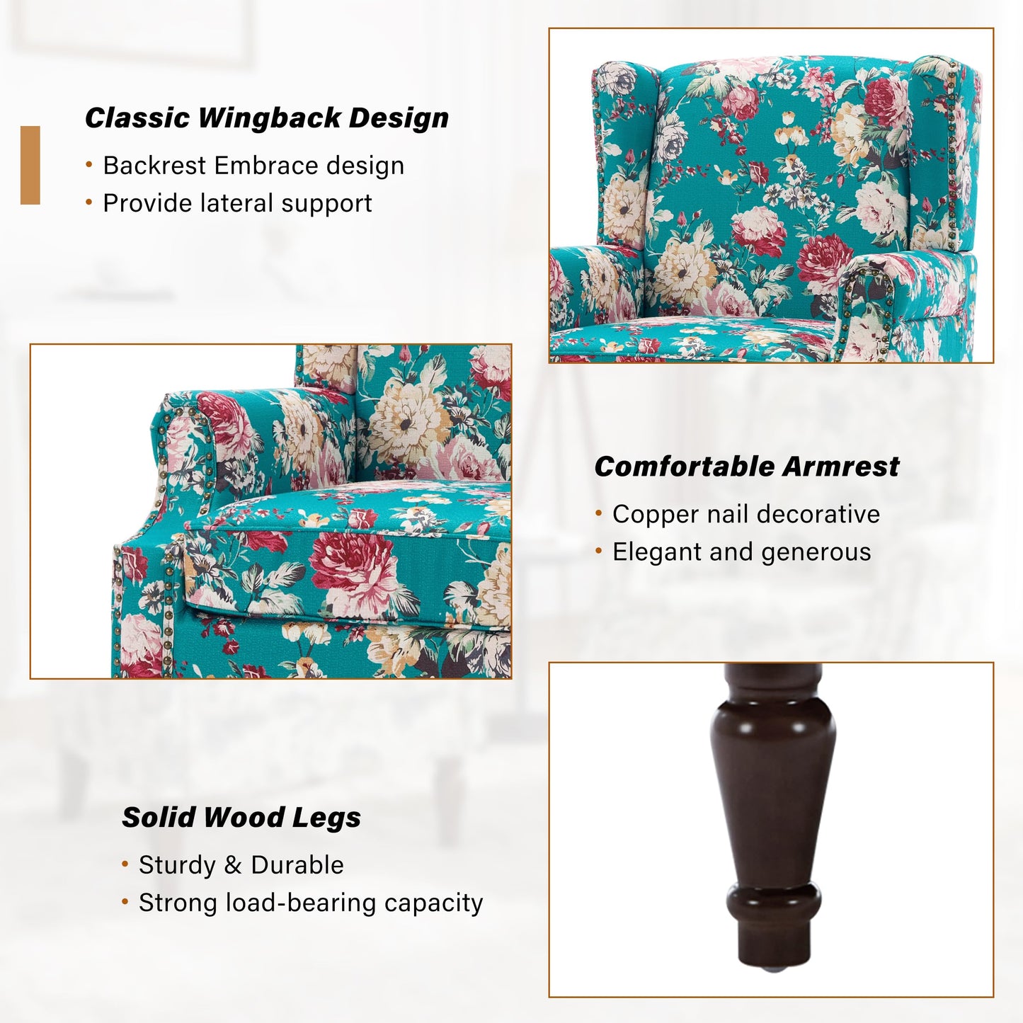 Floral Wingback Accent Chair, High Back Upholstered Armchair, Comfy Fabric Wingback Arms Chairs with Solid Wood Legs, Single Sofa Reading Chair for Bedroom Living Room, Beige