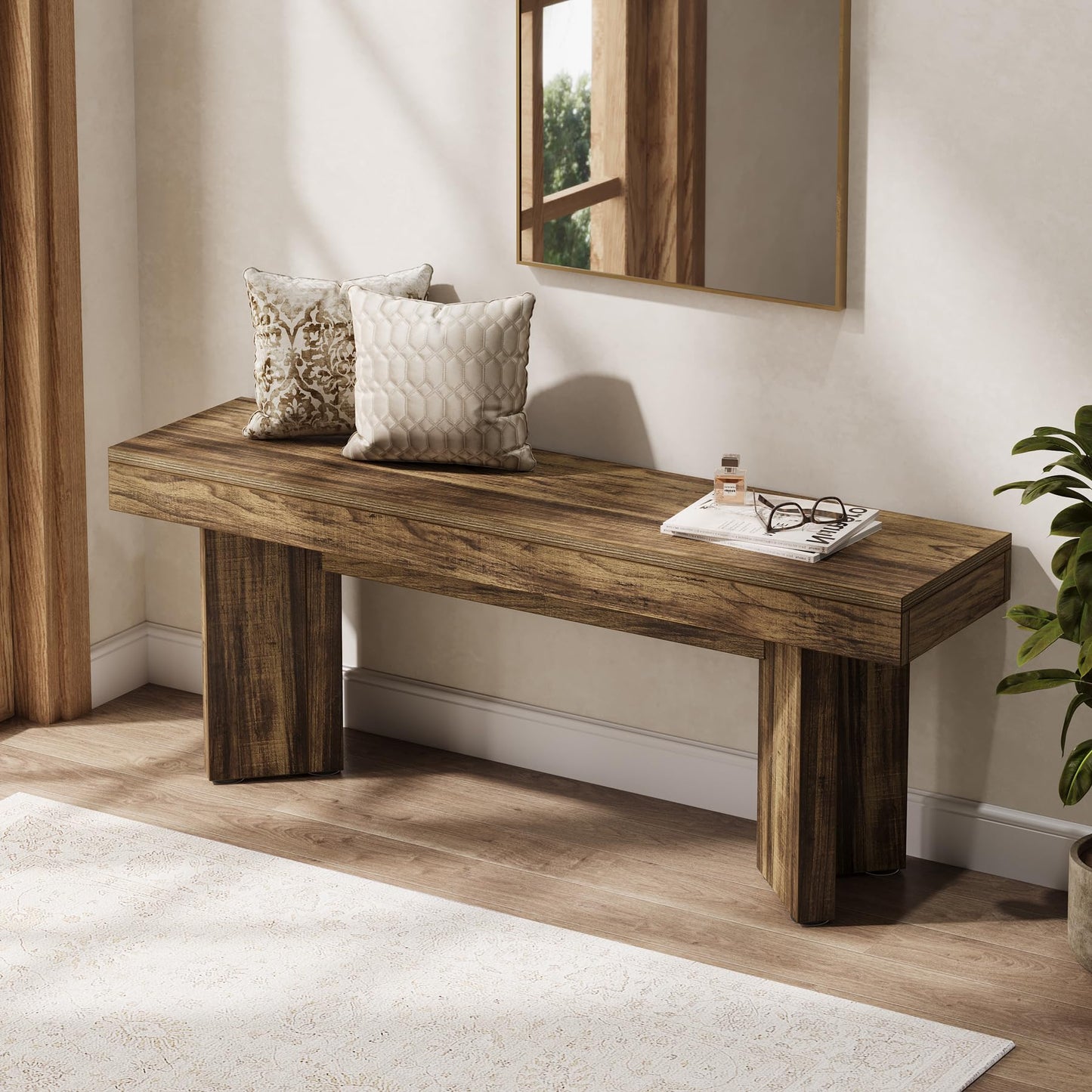 Tribesigns 47" Wooden Entryway Bench, Farmhouse Indoor End of Bed Bench, Long Table Benches Seat for Bedroom, Hallway, Foyer, End of Bed (Rustic Brown)