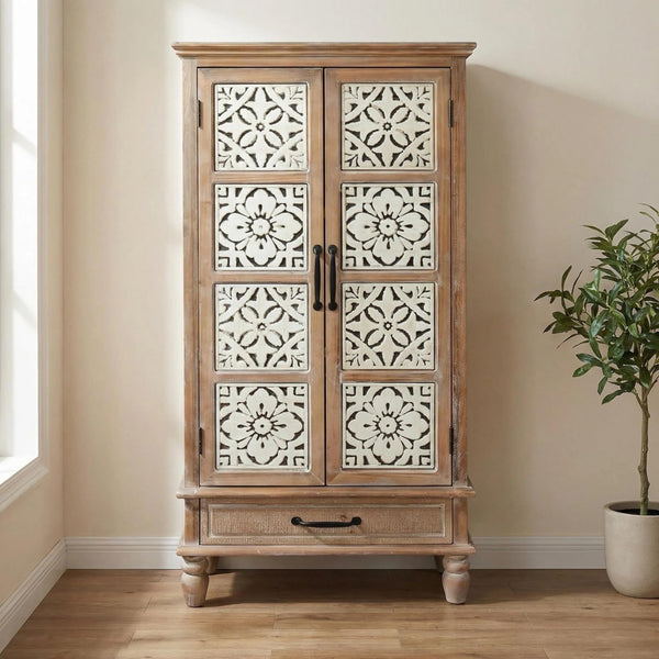 LKTART 55" Tall Vintage Sideboards Carved Wood Buffet Cabinet,Farmhouse Pantry Decorative Cabinet with Carved Doors and Drawers for Home Decor and Finishing Fir Wood