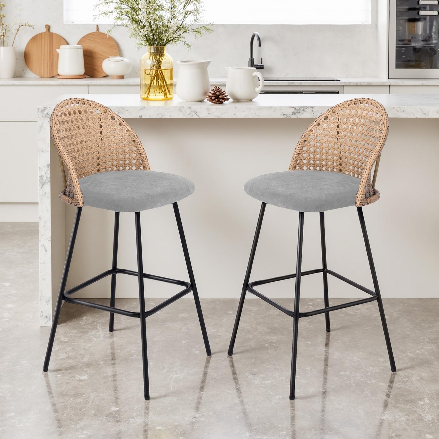 28.7" Swivel Bar Stools Set of 2, Mid Century Modern Counter Height Barstools with Rattan Backrest, Upholstered Chenille Armless Bar Chair Island Stools for Kitchen Island, Bar, Beige