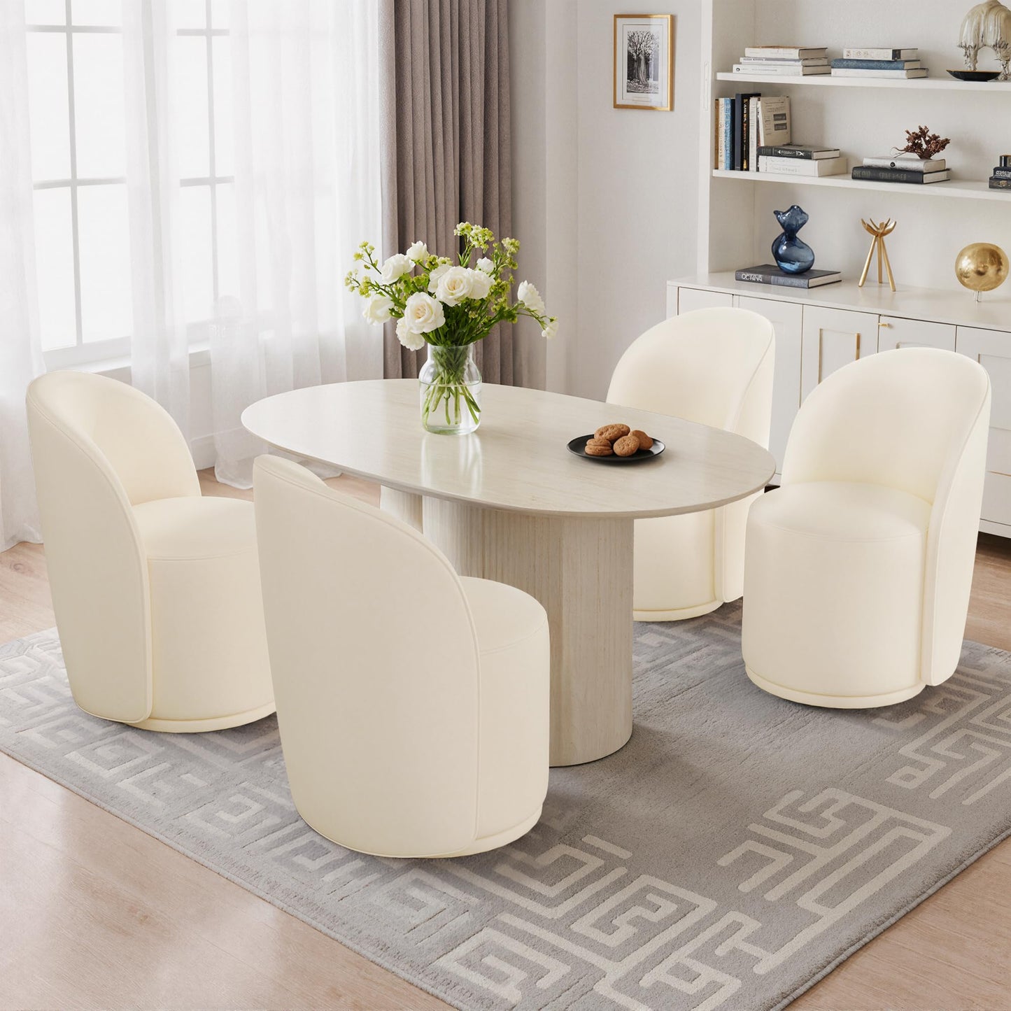 Swivel Barrel Dining Chairs Set of 2, Faux Leather Upholstered Round Dining Chairs, 360° Swivel Vanity Chair Comfy Armless Accent Makeup Chair for Dining/Living Room Makeup Room, Brown