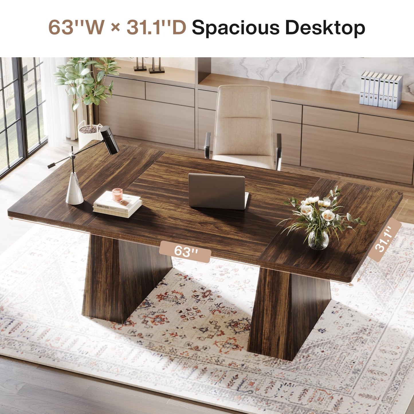 Tribesigns 63-Inch Executive Desk, Large Office Computer Desk with Double Pedestal, Modern Simple Workstations Writing Table Conference Table Business Furniture for Home Office, Light Brown