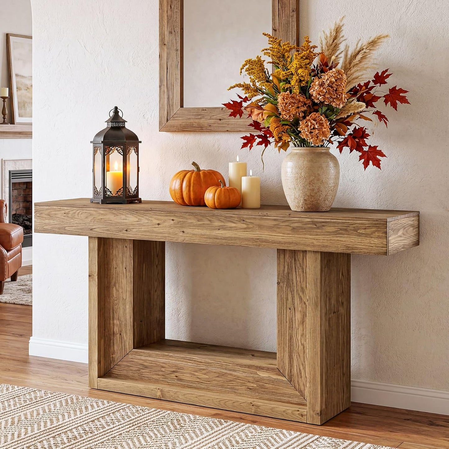 Wood Console Table, 63-Inch Farmhouse Entryway Table with Open Storage Shelf, Narrow Solid Wood Sofa Table Behind Couch for Living Room, Entrance, Foyer, Hallway, Natural