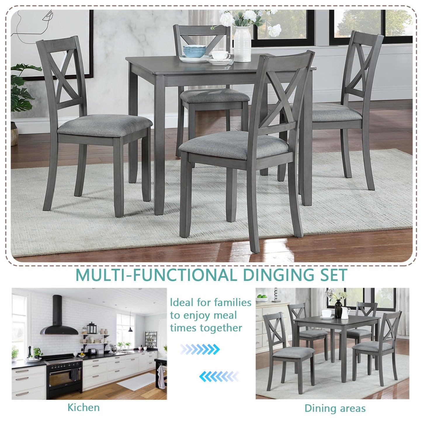 LKTART 5-Piece Kitchen & Dining Room Table and Chairs Sets,Small Square Kitchen Table with 4 Upholstered XX-Shaped Backrest Chairs,Walnut