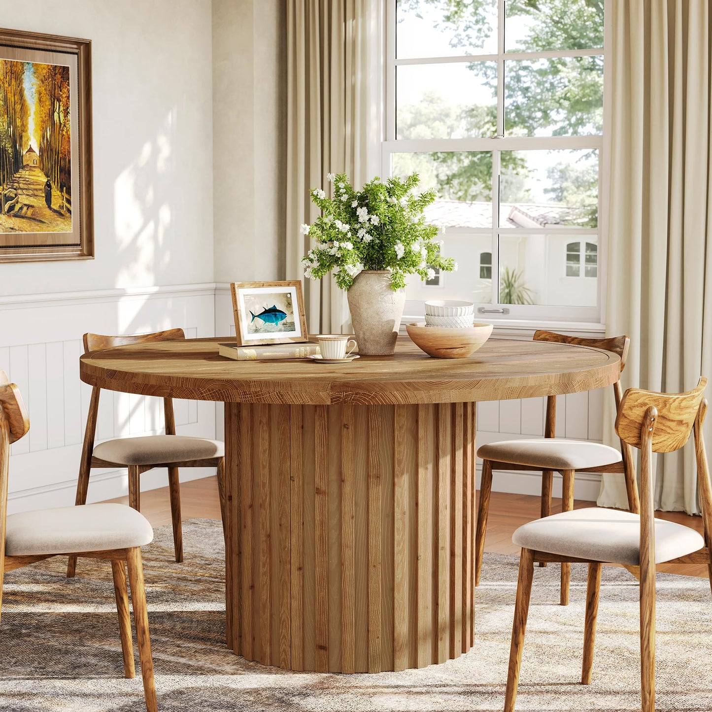 47" Solid Wood Dining Table for 4-6, Farmhouse Round Kitchen Table with Striped Pedestal Base, Circle Wooden Dining Room Furniture for Kitchen Living Room, Wood Tabletop+MDF Pedestal Base
