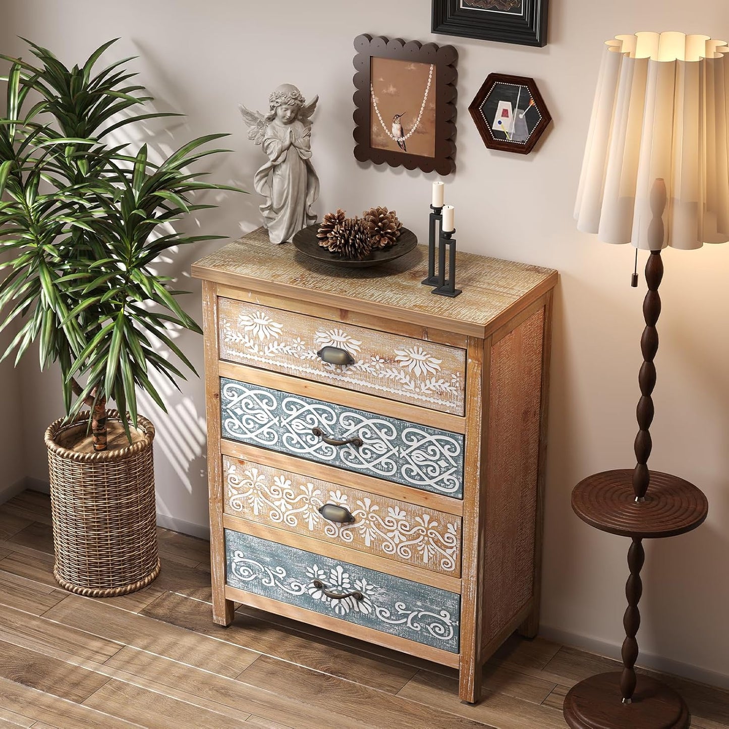 LKTART Wooden Storage Cabinet with Carved Drawers,Boho Small Buffet Sideboard with Hand Painted,Rustic Accent Credenza for Entryway,Kitchen,Living Room