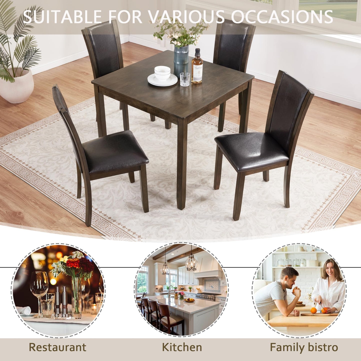LKTART 5-Piece Kitchen & Dining Room Table and Chairs Sets,Small Square Kitchen Table with 4 Upholstered XX-Shaped Backrest Chairs,Walnut