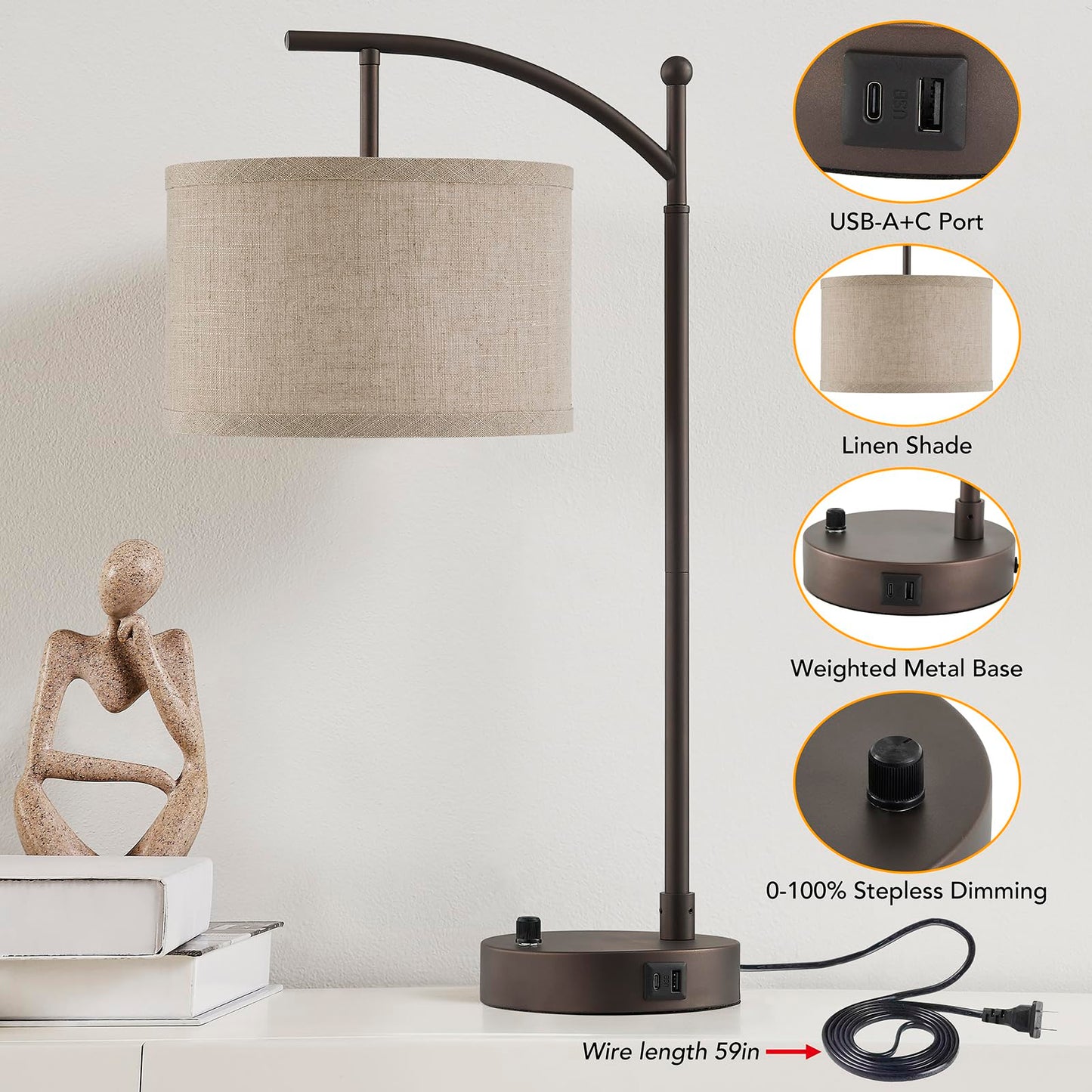 Table Lamp for Living Room Bedroom, 23.5" Table Lamps Set of 2 with USB C+A Ports, Bedside Lamps for Nightstand with Linen Lamp Shades, 2 Dimmable LED Bulbs Included, Black