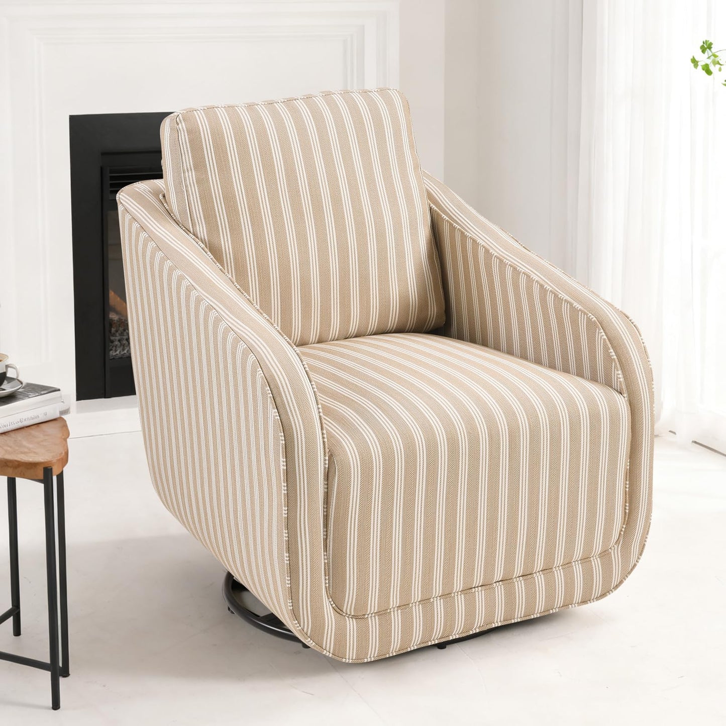 IOMOR Swivel Barrel Accent Chair, 360 Degree Comfy Swivel Reading Chair with Removable Back, Modern Sofa Chair with Oversize Base for Living Room, Bedroom, Office, Fully Assembled (1, Blue Stripe)