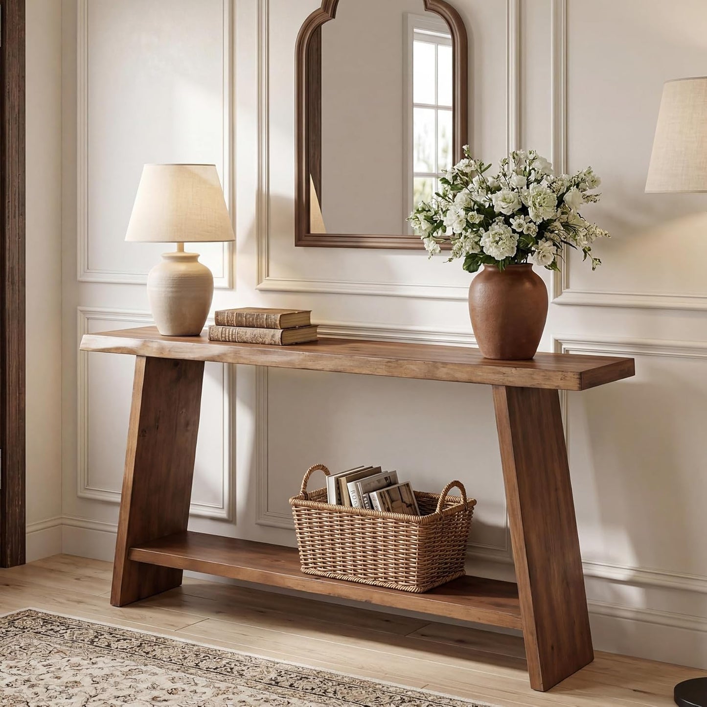 Solid Wood Console Table, 62.99" Entryway Table with Storage Shelf, 2 Tiers Narrow Skinny Sofa Table for Hallway, Entrance, Living Room, Brown