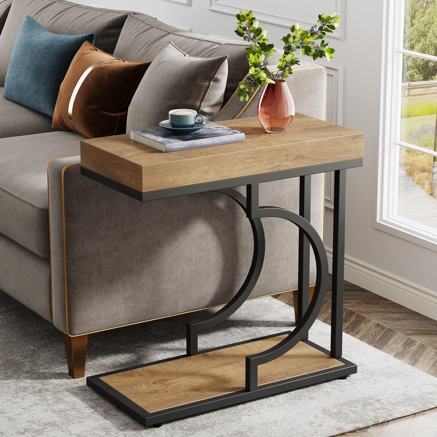 Tribesigns Narrow Side Table for Couch, C Shaped End Table with Metal Frame, Modern Bedside Tables, Small Sofa Tables for Small Spaces, Living Room (1, Brown+Black)