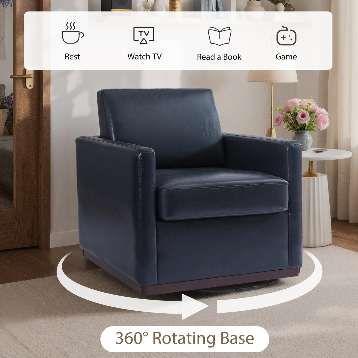 Swivel Accent Chairs Set of 2, 360° Swivel Upholstered Faux Leather Club Armchairs for Living Room, Comfy Single Sofa Reading Chair with Deep Seat, Metal Swivel Base, Coffee