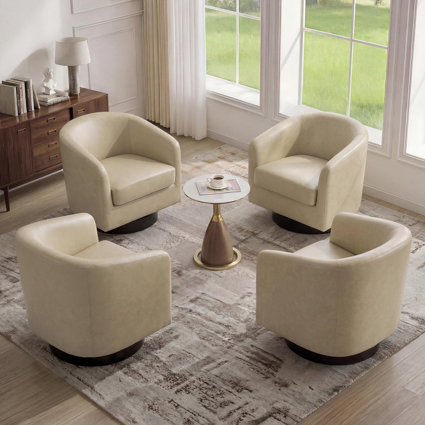 Swivel Barrel Chairs Set of 2, 31" W Modern Faux Leather Round Swivel Accent Chair for Living Room, 360° Rotation Upholstered Armchair Club Chair for Bedroom, Reading Room, Office (Brown)