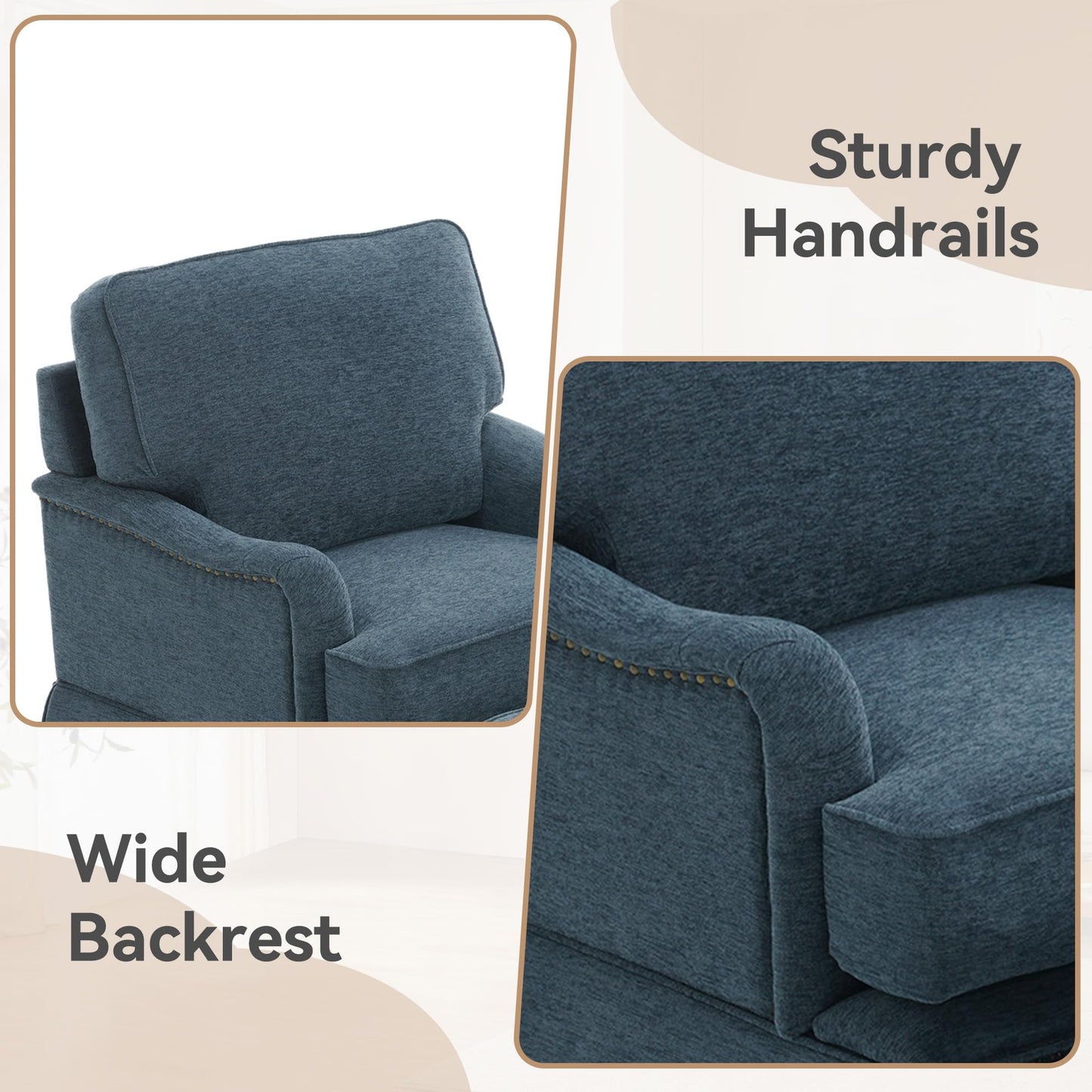 Swivel Accent Chair, 360° Swivel Upholstered Armchairs with Curved Arms, Comfy Chenille Fabric Lounge Reading Chairs for Living Room Bedroom Study, Metal Swivel Base, Tan