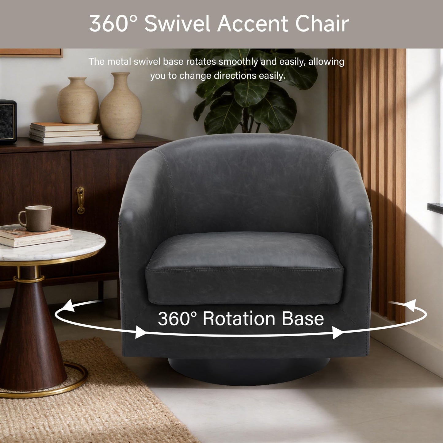 Swivel Barrel Chairs Set of 2, 31" W Modern Faux Leather Round Swivel Accent Chair for Living Room, 360° Rotation Upholstered Armchair Club Chair for Bedroom, Reading Room, Office (Brown)