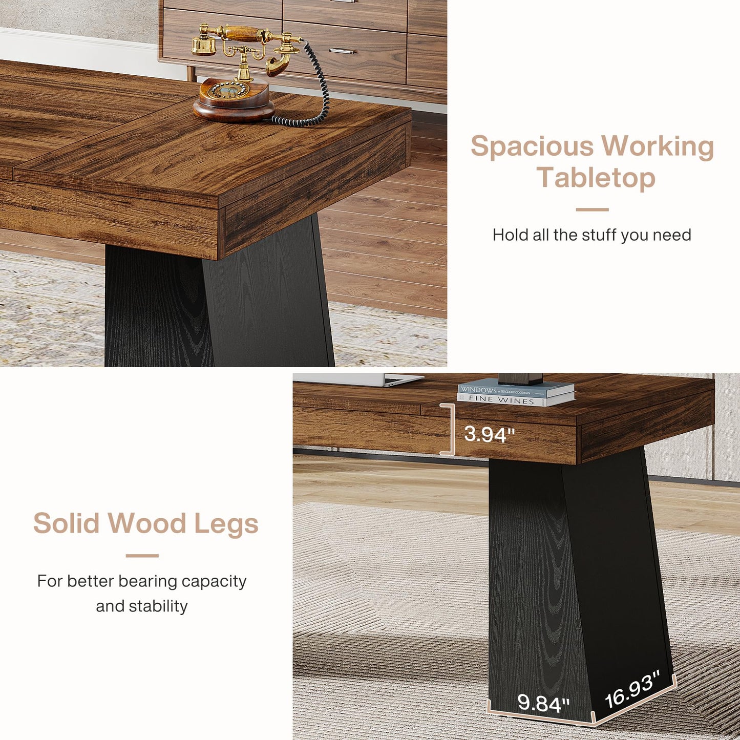 Tribesigns 55 Inches Executive Desk, Mid-Century Modern Home Office Desk, Wood MDF Computer Table Business Workstation Small Conference Table, Light Brown
