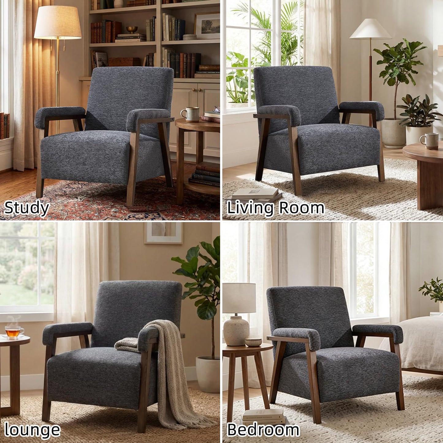 IOMOR Mid Century Modern Accent Chair, Upholstered Armchair with Thick Seat Cushion and Solid Wood Frame, Thick and Comfy Seat Cushion, Short Plush Fabric Arm Chair for Living Room(1,White)