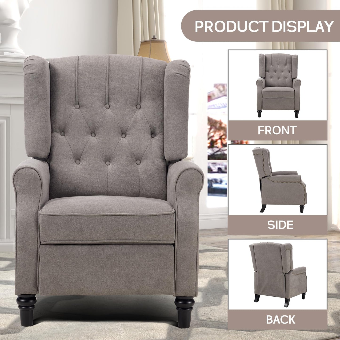 IOMOR Push Back Recliner Chair Fabric Lounge Armchair Pushback Recliner with Rivet Decoration Wingback Single Sofa Chair with Padded Seat for Living Room, Bedroom (1, Navy)