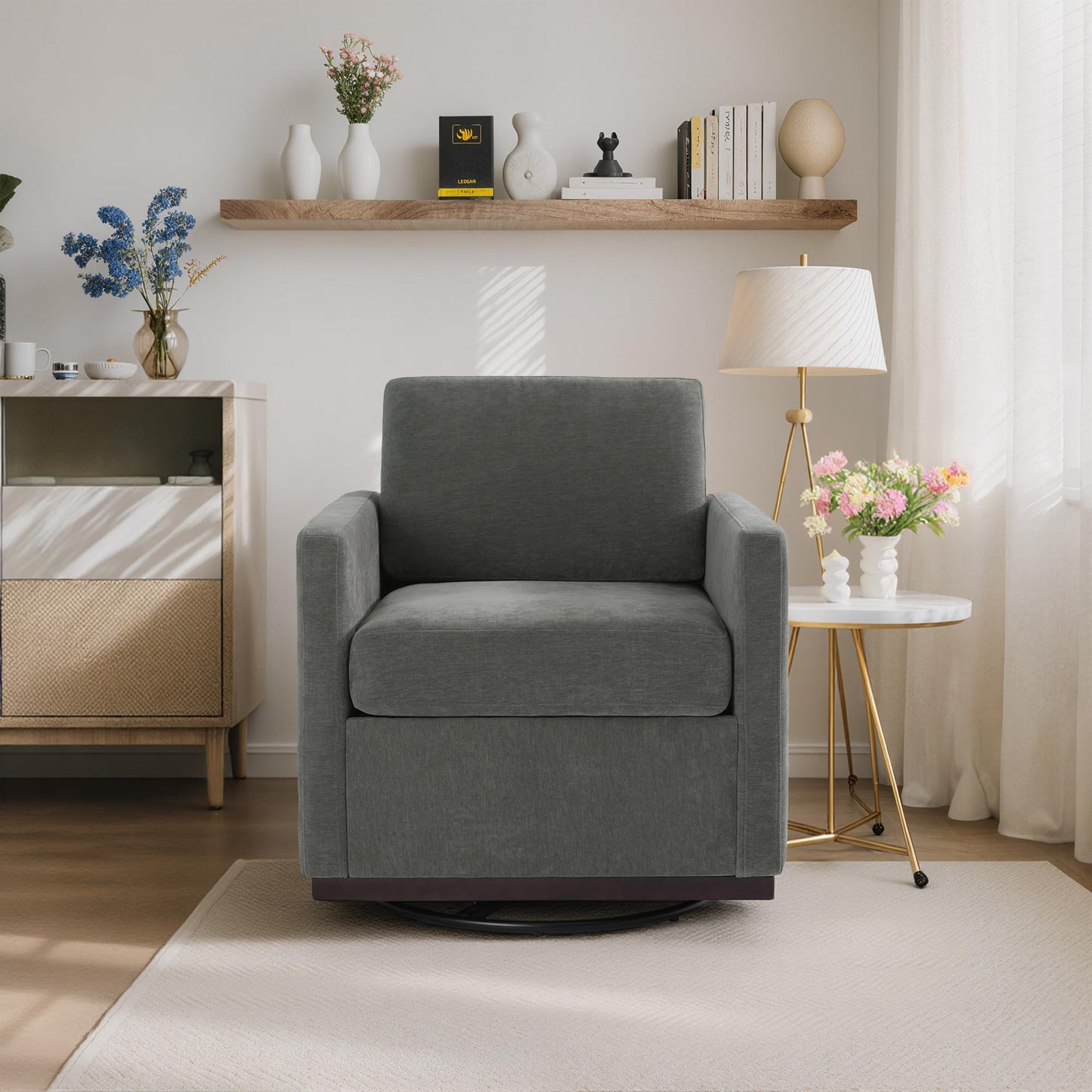 Swivel Accent Chairs Set of 2, 360° Swivel Upholstered Faux Leather Club Armchairs for Living Room, Comfy Single Sofa Reading Chair with Deep Seat, Metal Swivel Base, Coffee