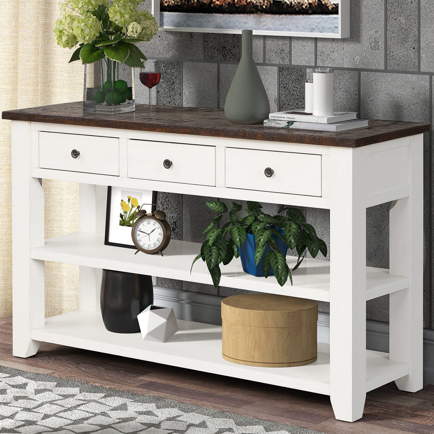 LKTART Solid Wood Console Table, Sofa Table with Storage Drawers and Bottom Shelf, Entryway Table for Entry Hallway Foyer,Easy Assembled (48.8" Green)