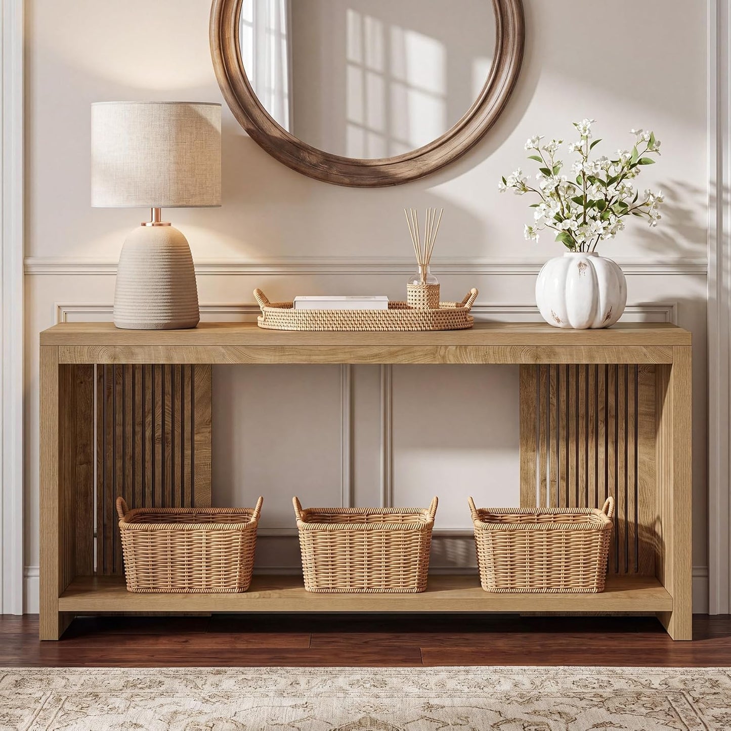 Tribesigns 70.9-Inch Long Entryway Table with 2-Tier Storage, Farmhouse Narrow Sofa Console Table with Vertical Stripe Legs, for Entrance, Entryway, Hallway, Foyer, Behind the Couch, Brown