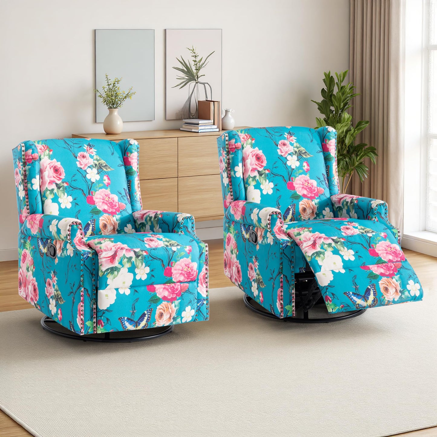 Swivel Rocker Recliner Chair, 360° Swivel Wingback Recliner Chairs for Adults, Upholstered Printed Fabric Glider Rocking Chair with High Back, Deep Seat for Living Romm Bedroom, Bird