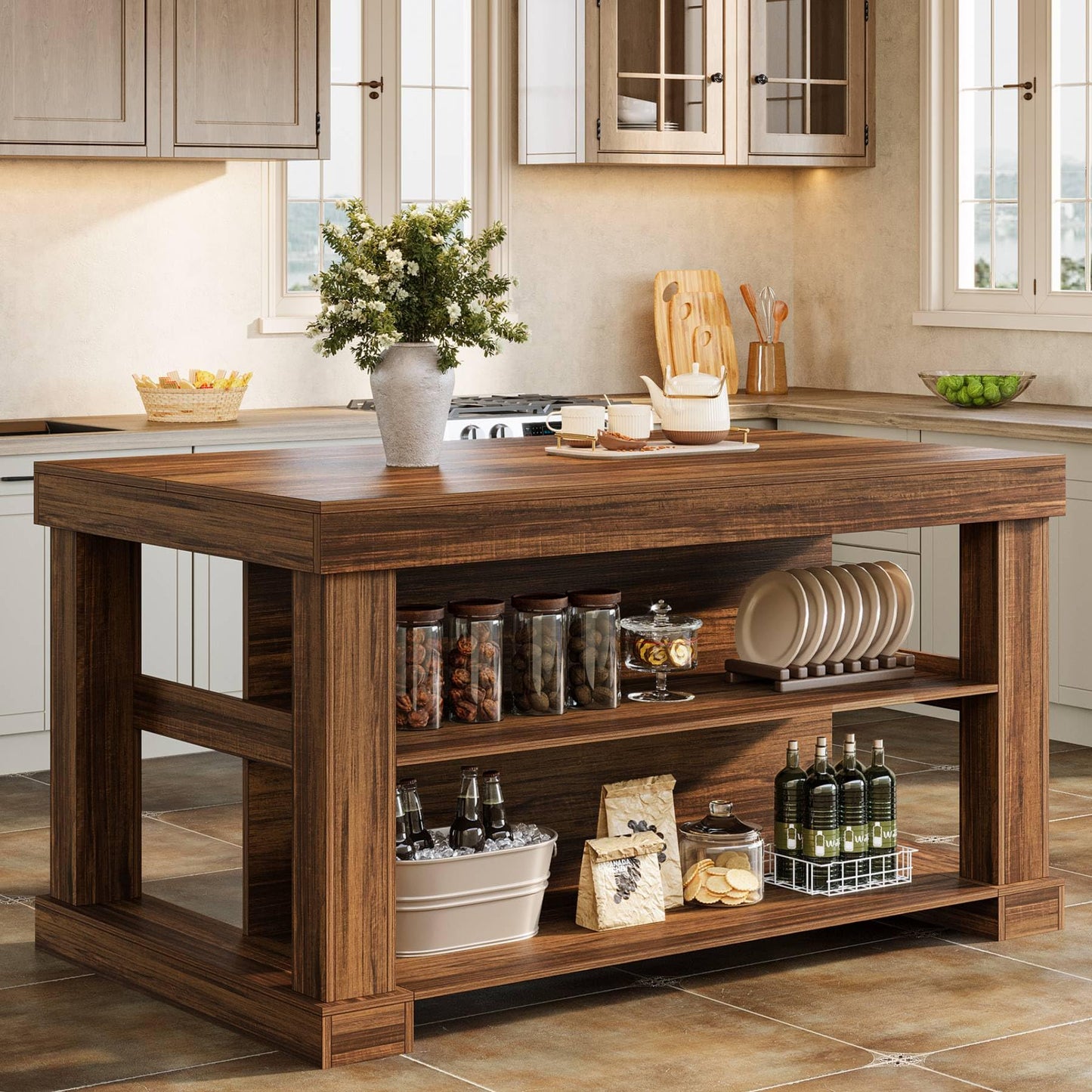 Tribesigns 55" Kitchen Island with Seating and Storage, 3-Tier Farmhouse Wood Stationary Island Table with Large Worktop & Leg Room, Coffee Bar Table with Storage Shelves for Kitchen, White and Brown