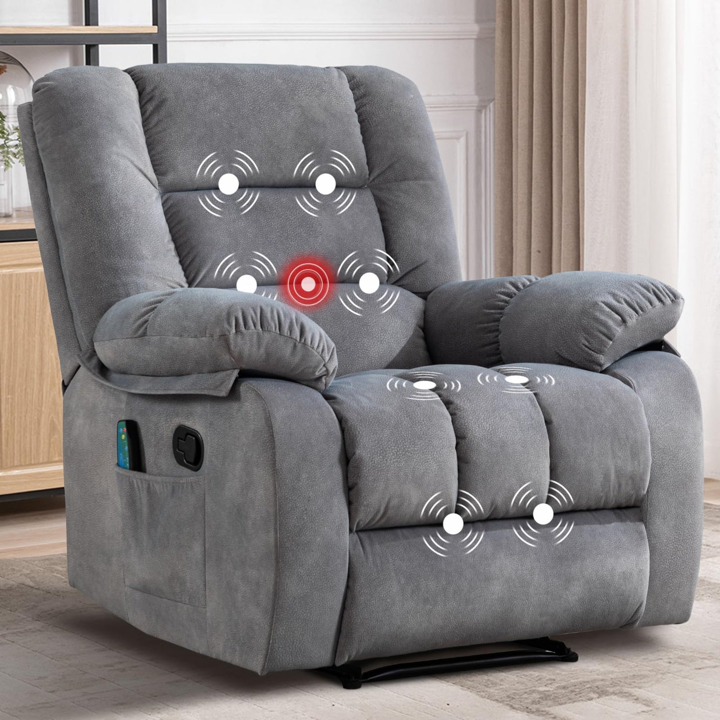 IOMOR Massage Recliner Chair with Heat and Massage, Ergonomic Overstuffed Breathable Fabric Reclining Chairs, Single Sofa Chair with Side Pockets for Living Room Home Theater (Dark Gray)