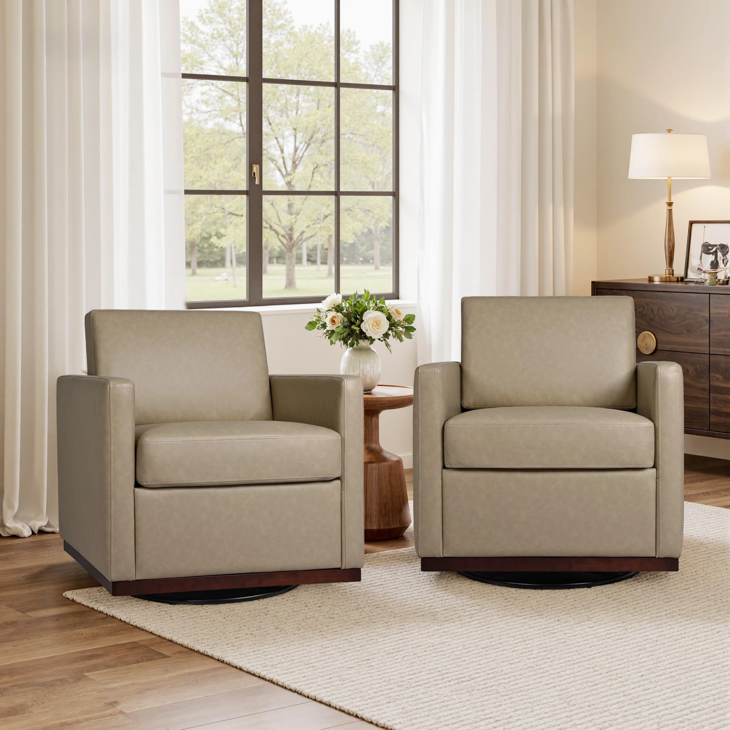 Faux Leather Swivel Accent Chairs Set of 2, 360° Swivel Upholstered Club Armchairs for Living Room, 31" Wide Square Single Sofa Reading Chair with Deep Seat, Metal Swivel Base, Navy