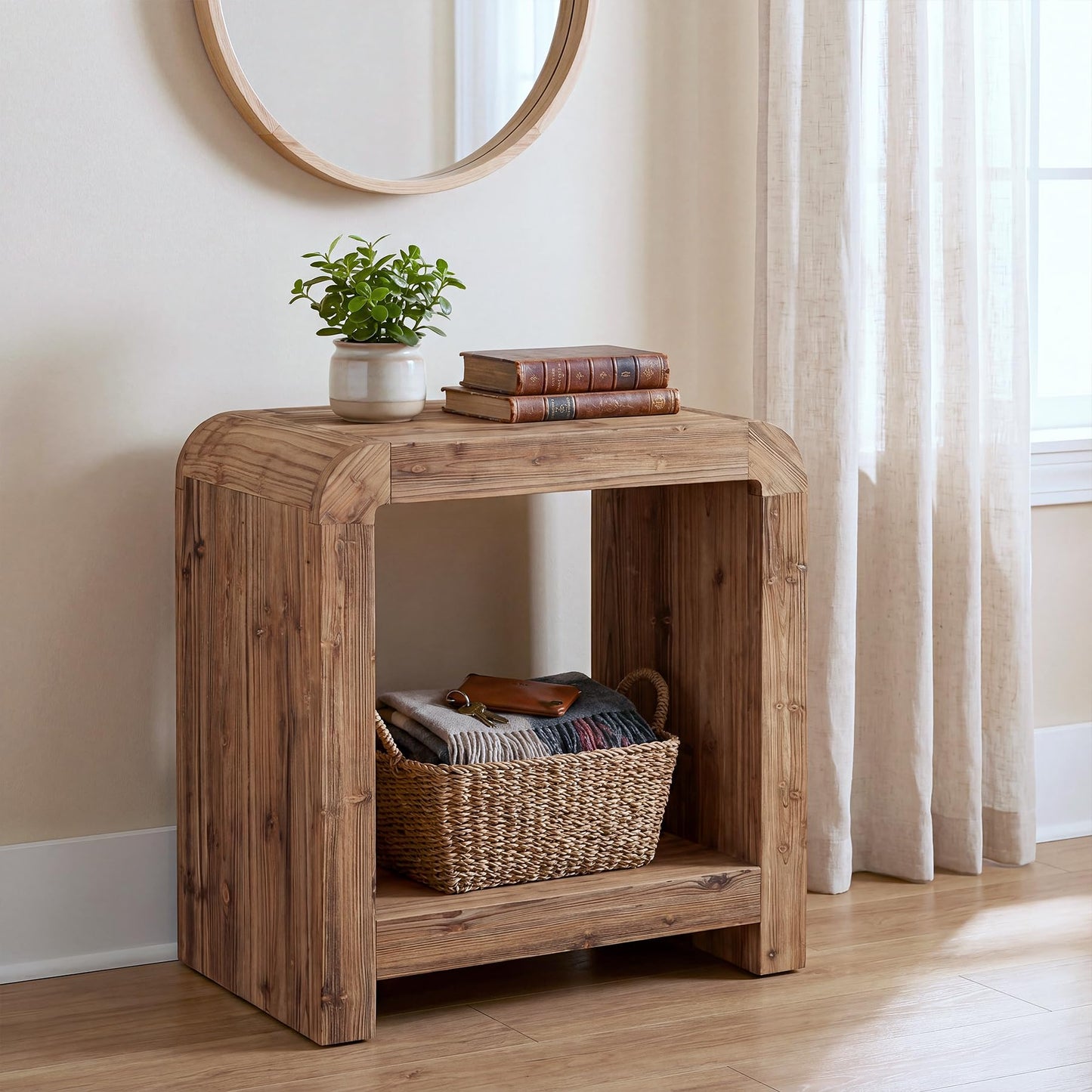 Solid Wood End Table, 2-Tier Narrow Side Table with Storage Shelves, Farmhouse Rustic Nightstand for Living Room, Bedroom, Small Spaces, Easy Assembly (1 PC, Brown)