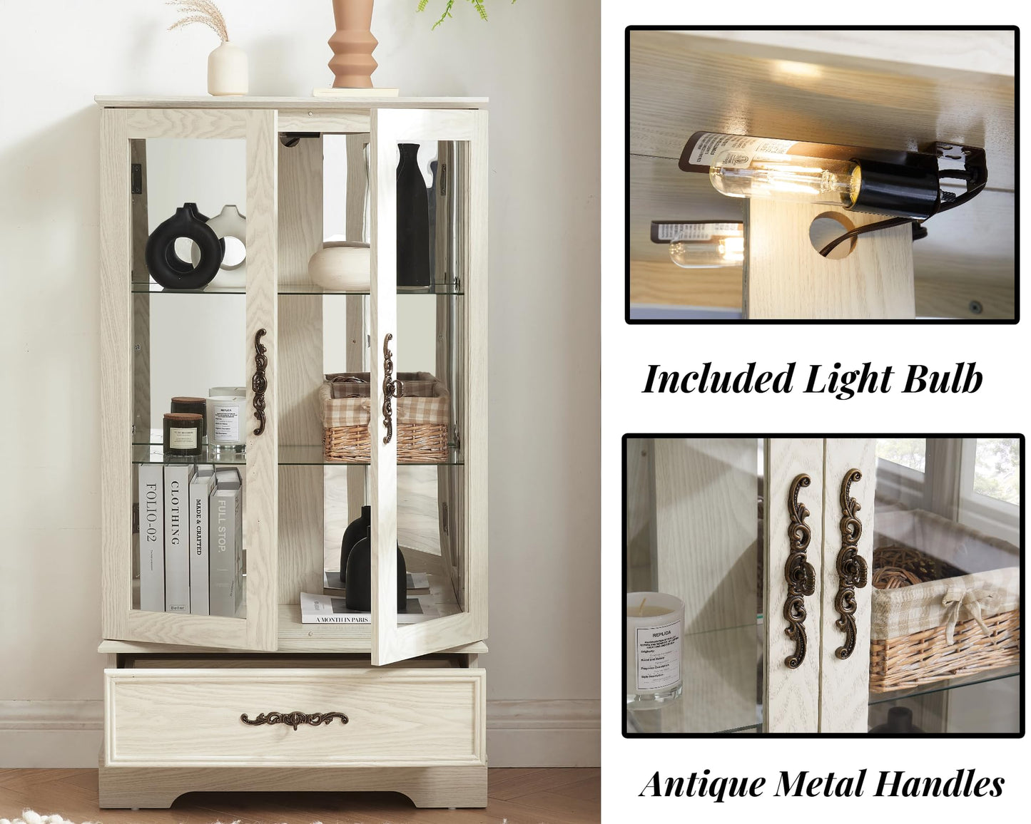 LKTART Curio Glass Display Cabinet,Storage Cabinet with Lights and Mirrored Back Panel,China Cabinet with Tempered Glass Doors and Shelves,Collectible Display Shelf,Included Bulb White