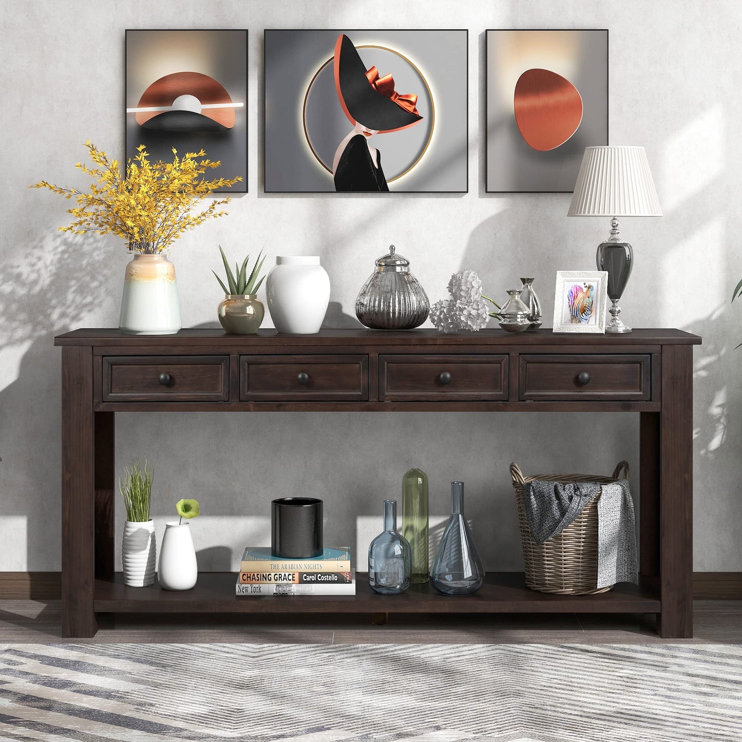 LKTART 63" Solid Wood Console Table Sofa Table with Storage Drawers and Bottom Shelf,Farmhouse Entryway Table for Hallway Foyer,Living Room,Easy Assembled (63" Espresso)