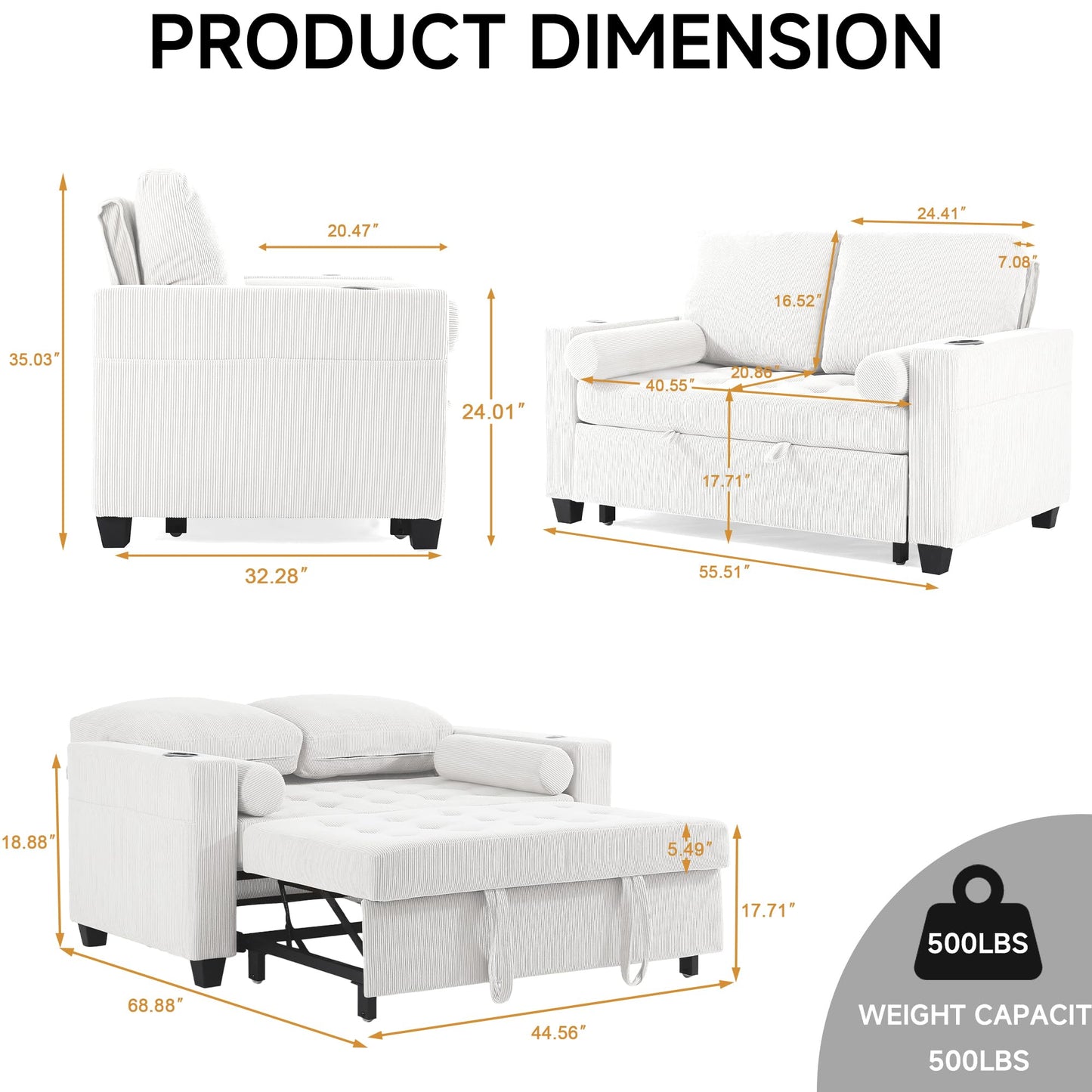 Sleeper Sofa Chair Bed, 3-in-1 Convertible Sleeper Chair with Pull Out Bed, Comfy Corduroy Sofa Bed Couch with Reclining Adjustable Backrest, USB Ports, Cup Holder, Side Pocket (Gray, 38.8")
