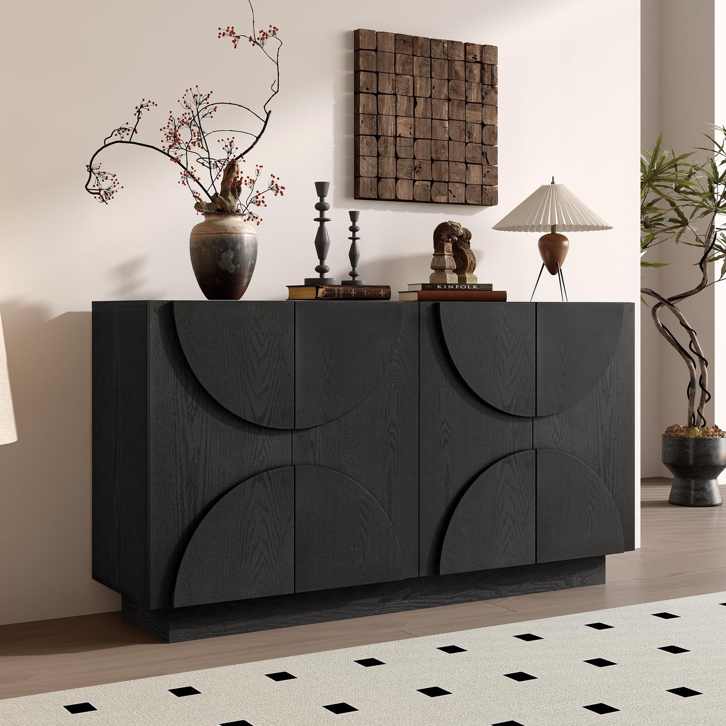 LKTART 40" Sideboard Buffet Accent Storage Cabinet with Carved Pattern Side Board Solid Wood Frame for Kitchen, Living Room, Entryway,Hallway (Blue+Brown)