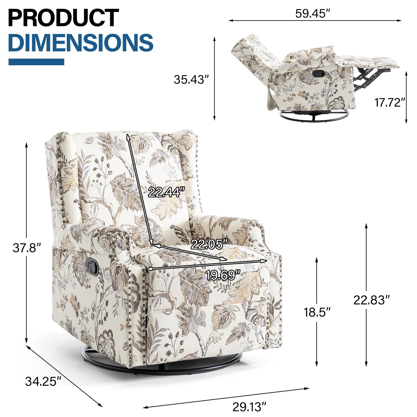 Swivel Rocker Recliner Chair, 360° Swivel Wingback Recliner Chairs for Adults, Upholstered Printed Fabric Glider Rocking Chair with High Back, Deep Seat for Living Romm Bedroom, Bird