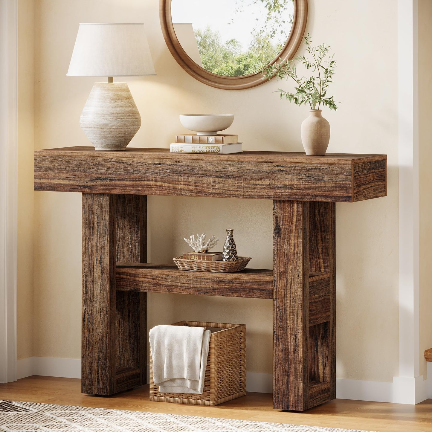 Tribesigns 41.34-Inch Farmhouse Console Table, 2-Tier Narrow Sofa Table Behind The Couch, Entryway Furniture with Storage Shelves for Hallway Foyer Living Room, Rustic Brown