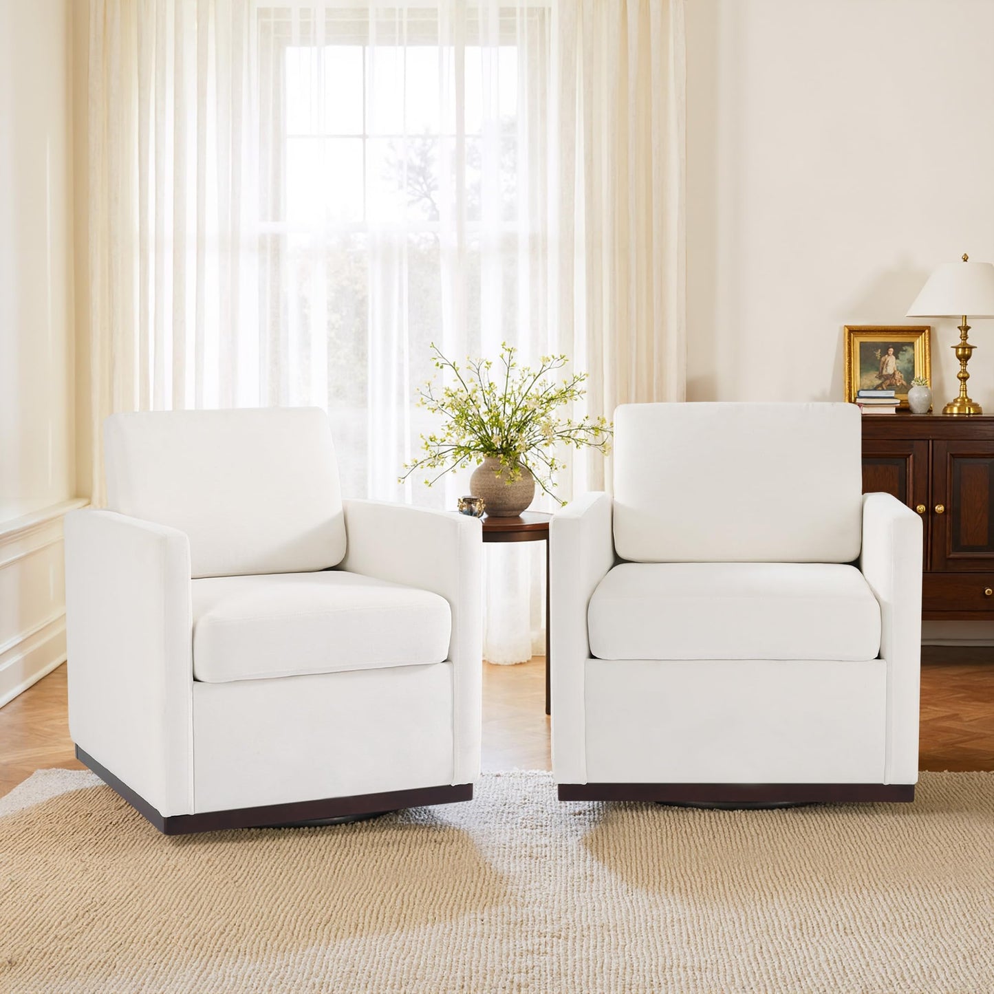 Faux Leather Swivel Accent Chairs Set of 2, 360° Swivel Upholstered Club Armchairs for Living Room, 31" Wide Square Single Sofa Reading Chair with Deep Seat, Metal Swivel Base, Navy