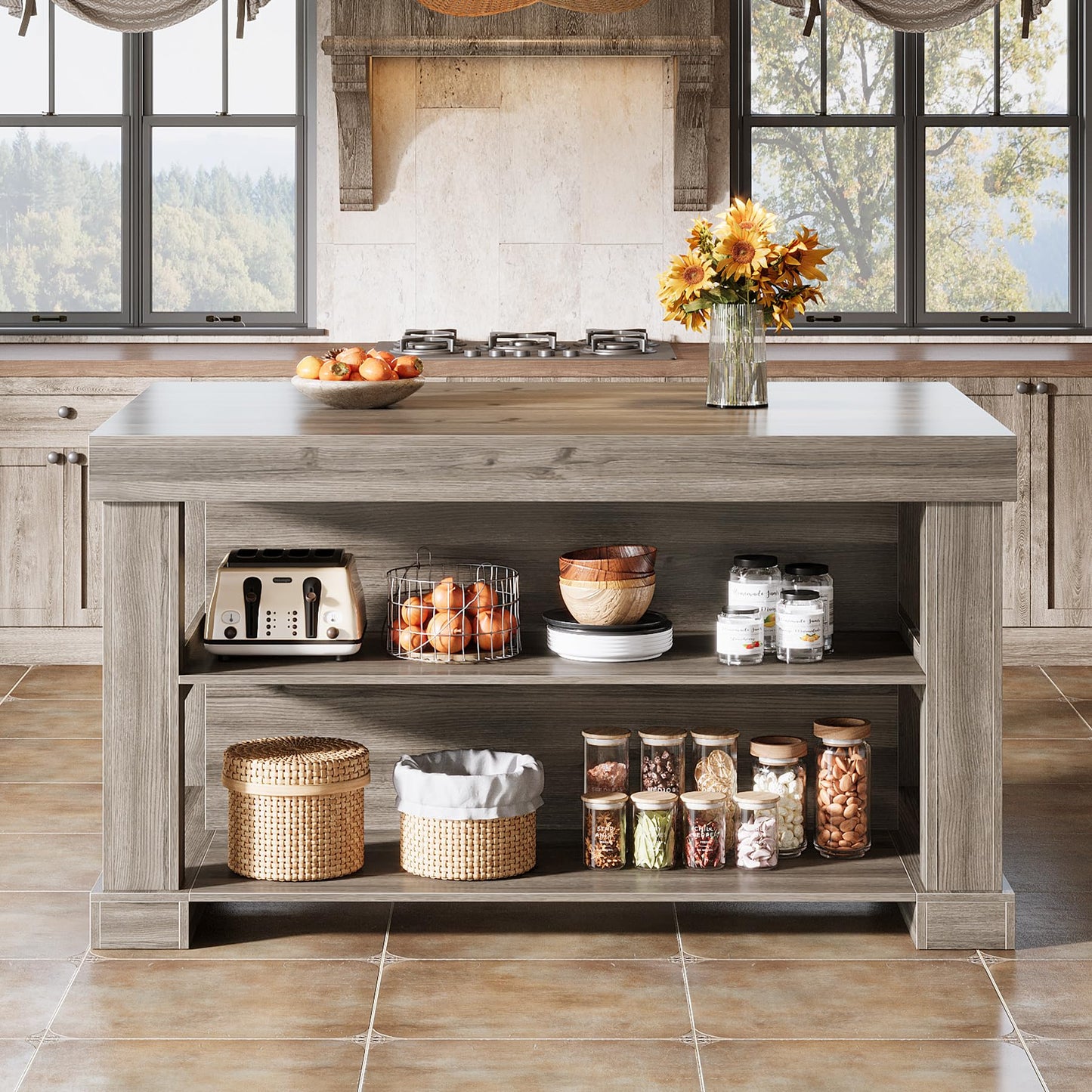 Tribesigns 55" Kitchen Island with Seating and Storage, 3-Tier Farmhouse Wood Stationary Island Table with Large Worktop & Leg Room, Coffee Bar Table with Storage Shelves for Kitchen, White and Brown