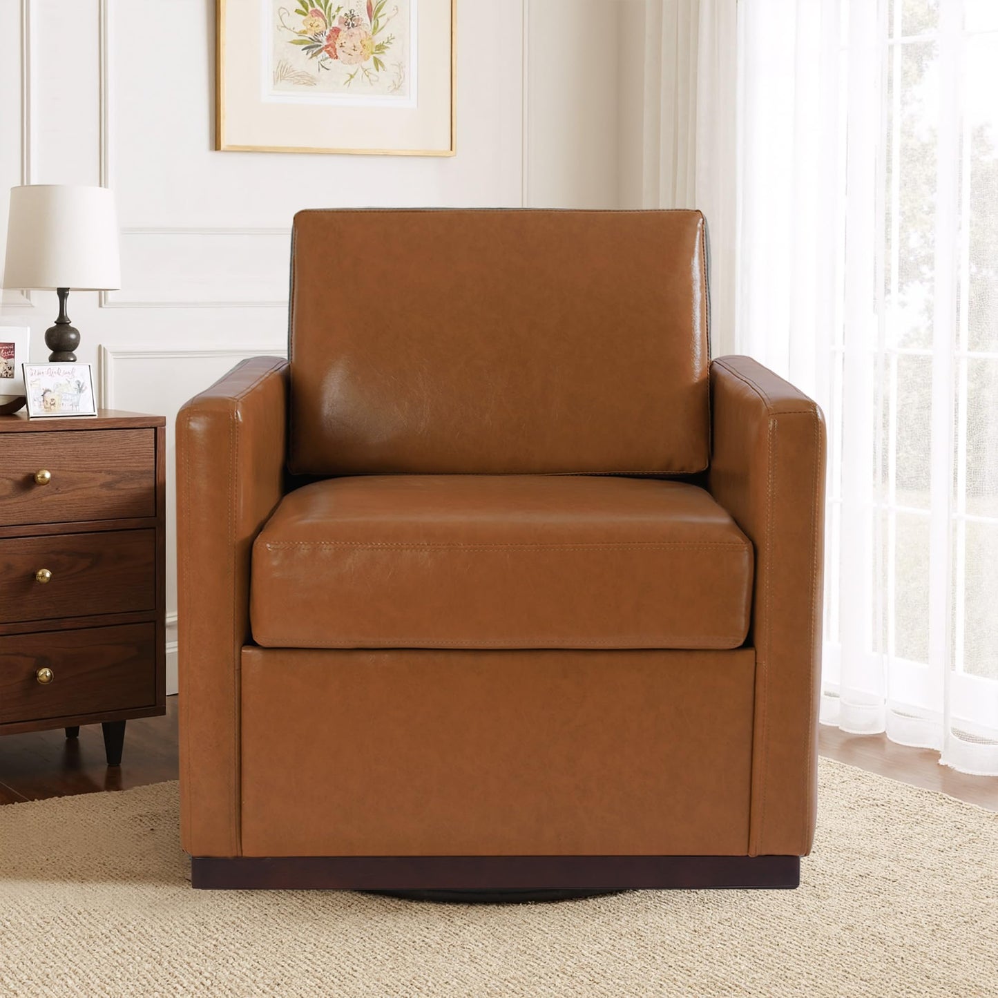 Faux Leather Swivel Accent Chairs Set of 2, 360° Swivel Upholstered Club Armchairs for Living Room, 31" Wide Square Single Sofa Reading Chair with Deep Seat, Metal Swivel Base, Navy