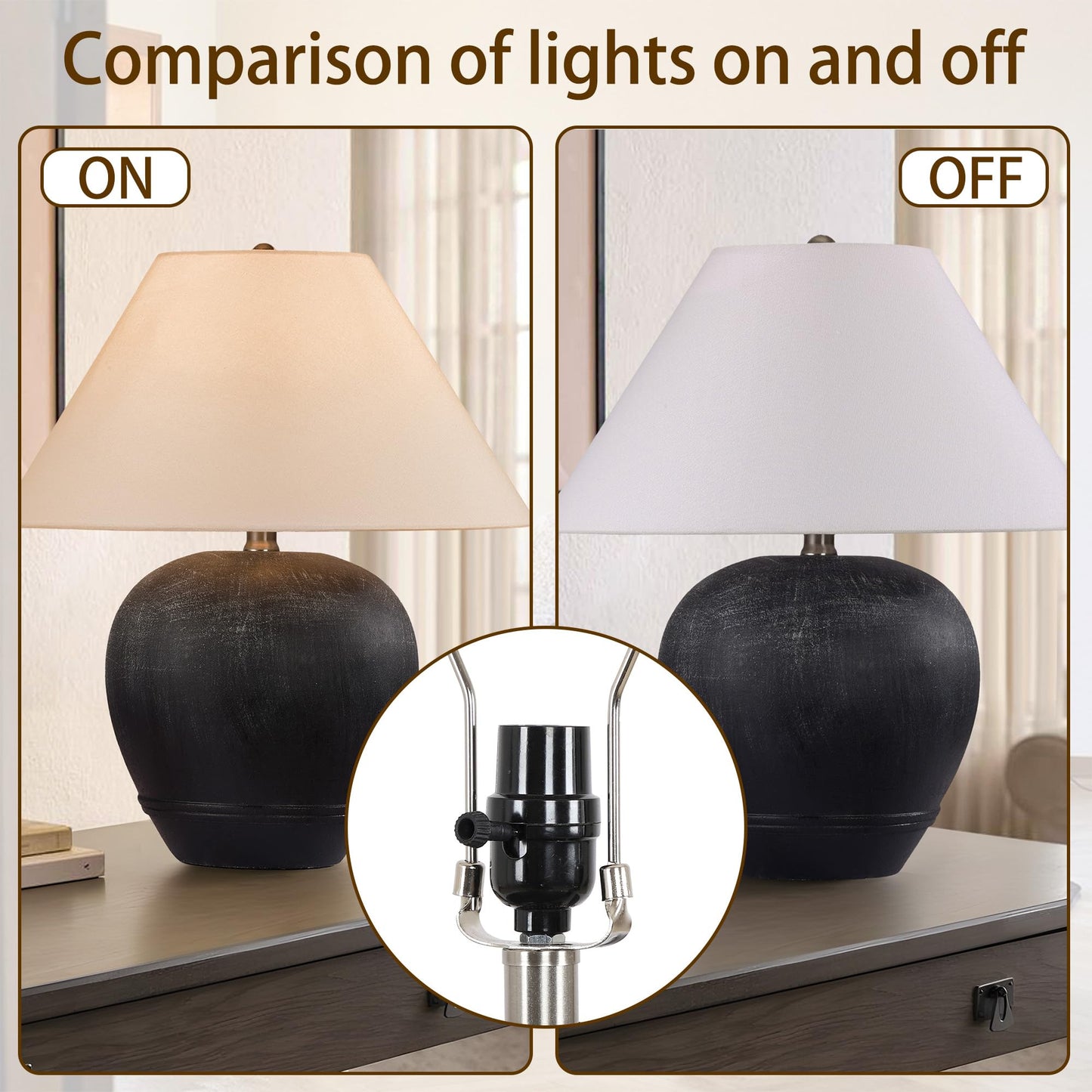 Farmhouse Ceramic Table Lamp, 21" Rustic Table Lamp with Linen Shade, 3-Way Dimmable Bedside Nightstand Lamps for Bedroom, Living Room, E26 Socket, Dark Grey