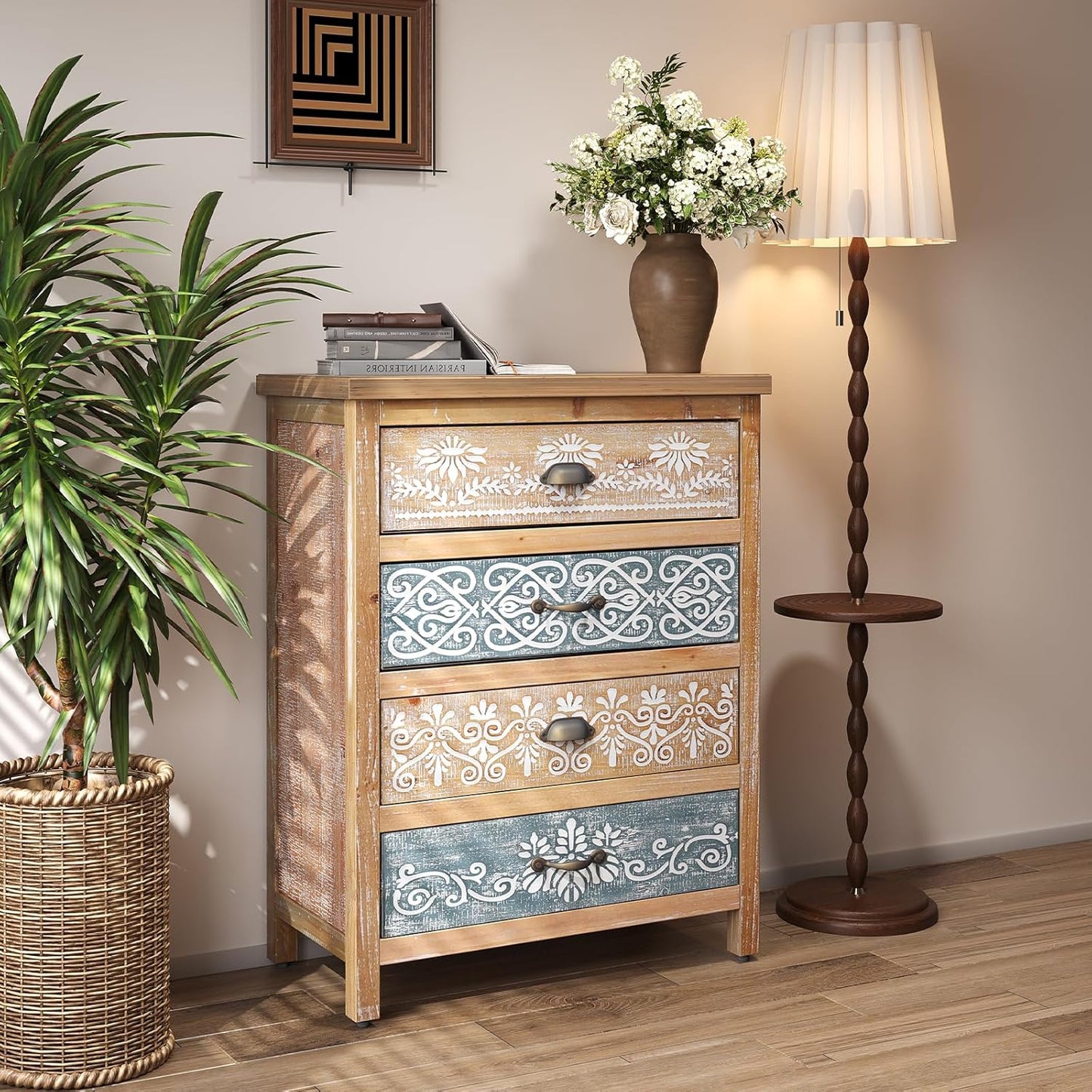 LKTART Wooden Storage Cabinet with Carved Drawers,Boho Small Buffet Sideboard with Hand Painted,Rustic Accent Credenza for Entryway,Kitchen,Living Room