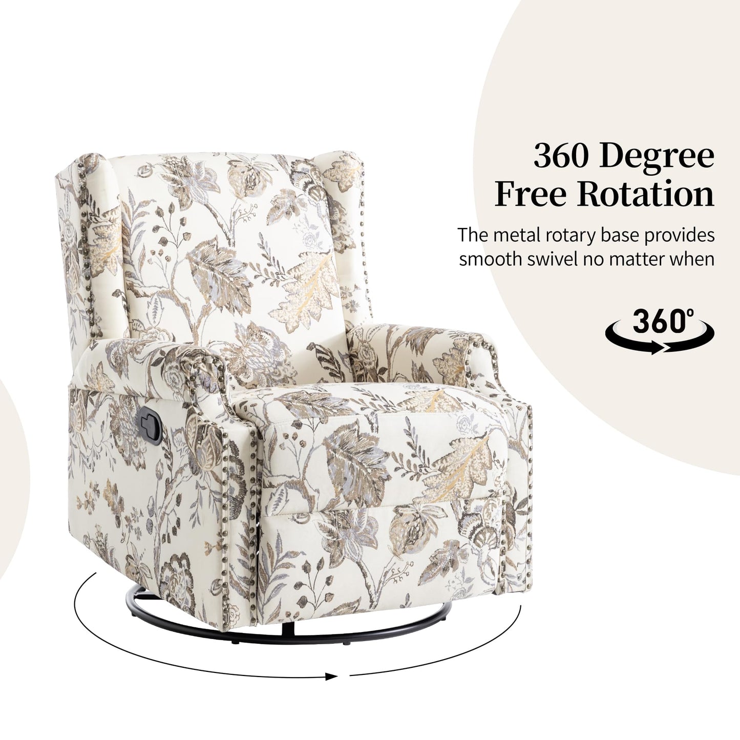 Swivel Rocker Recliner Chair, 360° Swivel Wingback Recliner Chairs for Adults, Upholstered Printed Fabric Glider Rocking Chair with High Back, Deep Seat for Living Romm Bedroom, Bird
