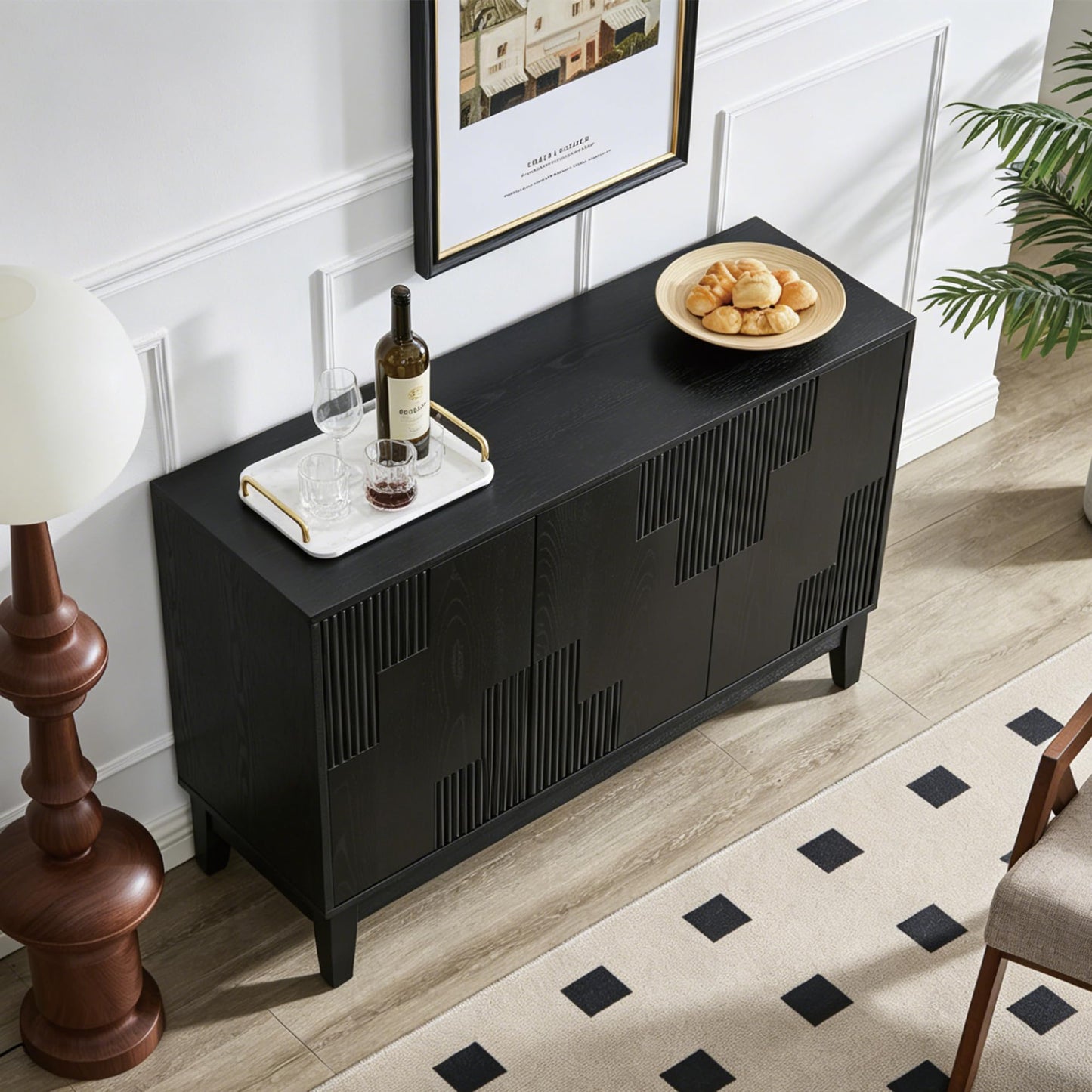 LKTART 40" Sideboard Buffet Accent Storage Cabinet with Carved Pattern Side Board Solid Wood Frame for Kitchen, Living Room, Entryway,Hallway (Blue+Brown)