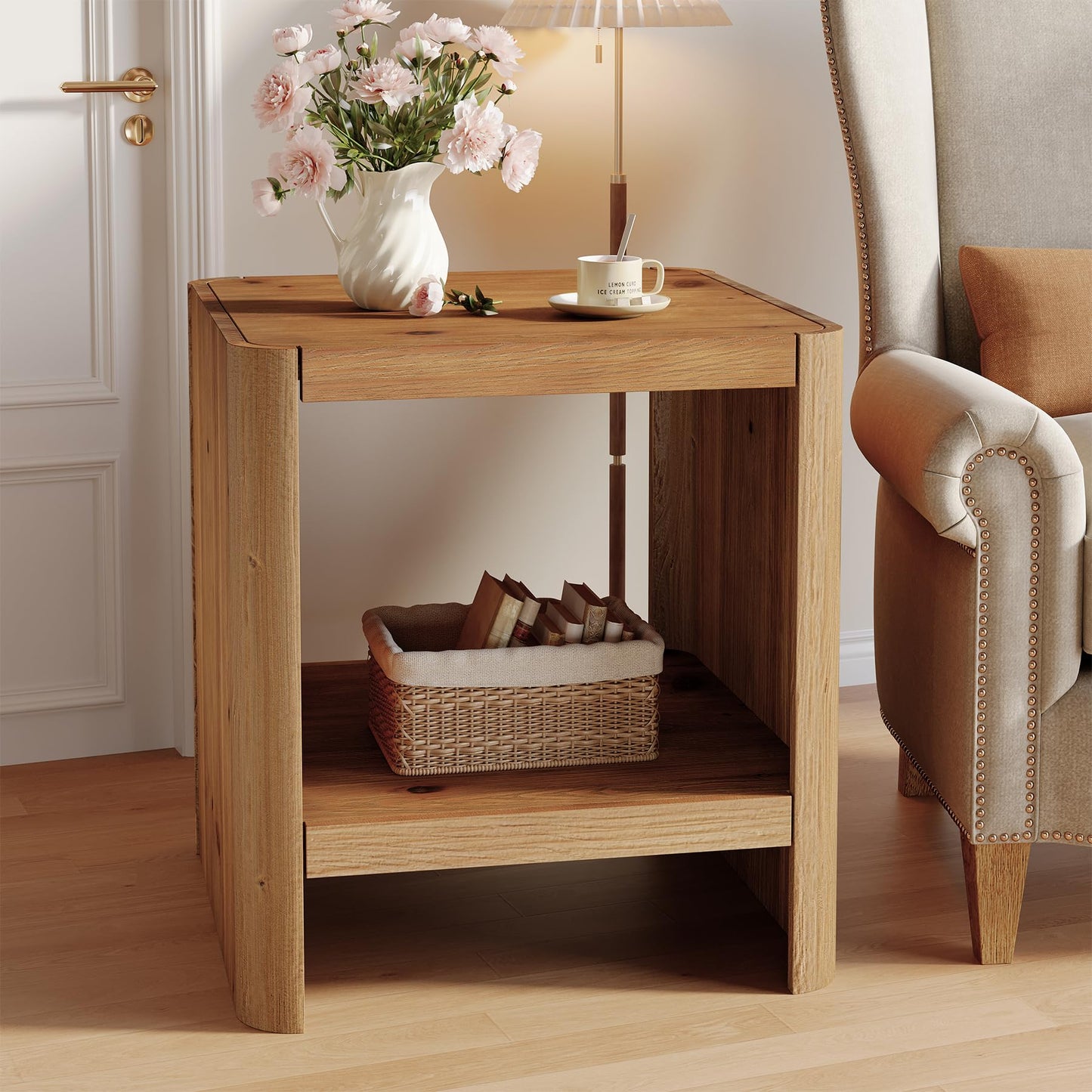 Solid Wood End Table, 2-Tier Small Side Table with Open Storage Shelf, Rustic Nightstand for Living Room, Bedroom, or Small Spaces, Easy Assembly (2, Natural Wood)