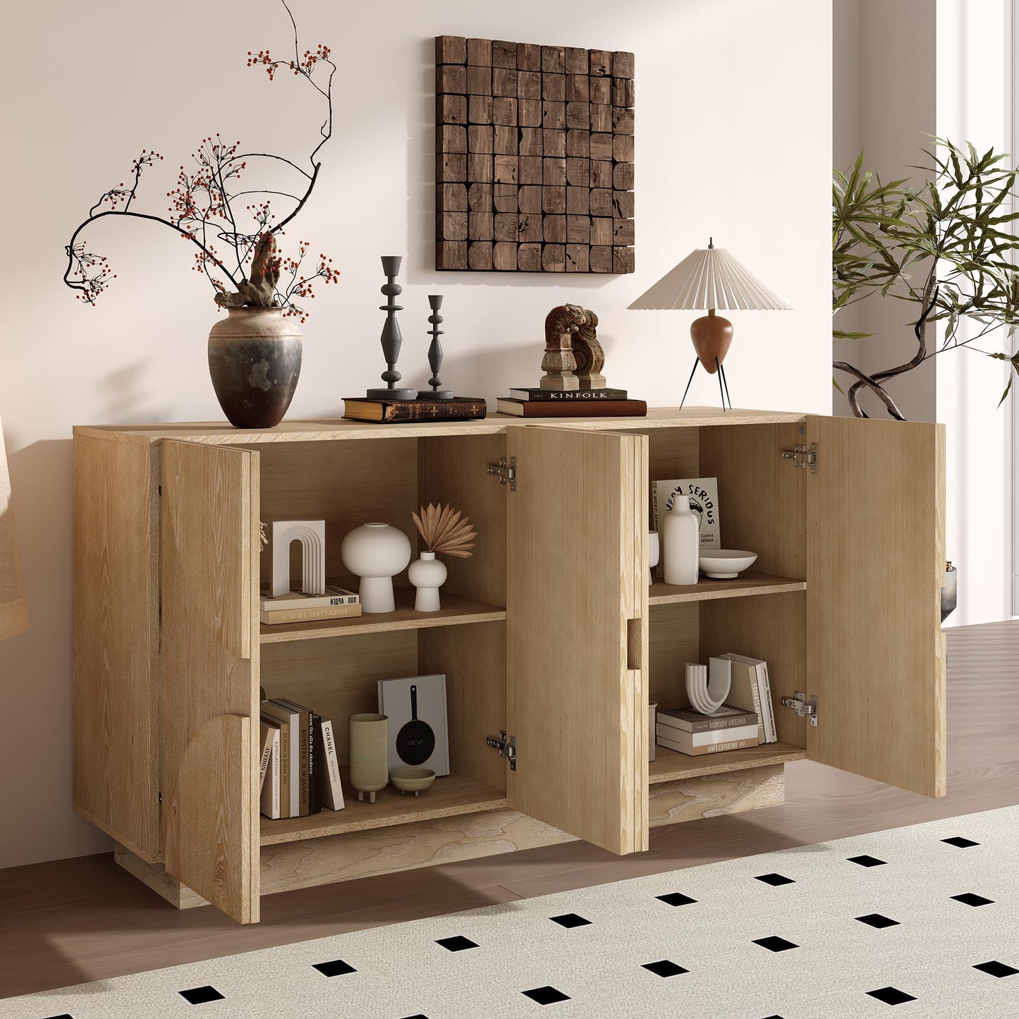 LKTART 40" Sideboard Buffet Accent Storage Cabinet with Carved Pattern Side Board Solid Wood Frame for Kitchen, Living Room, Entryway,Hallway (Blue+Brown)