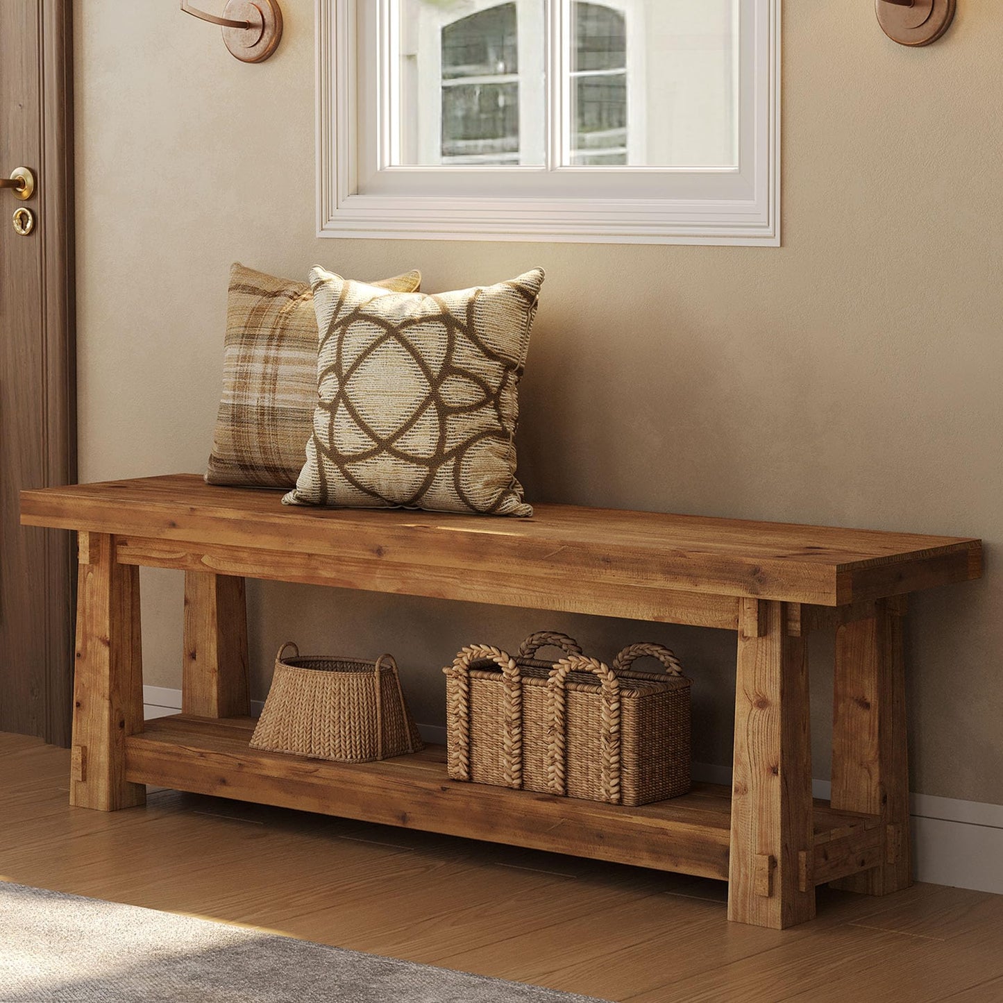 55" Solid Wood Entryway Bench with Shoe Storage, Rustic Wood Grain Shoe Rack Window Bench Seat for Foyer, Hallway, Mudroom, Bedroom, Easy Assembly (Rustic Light Wood)