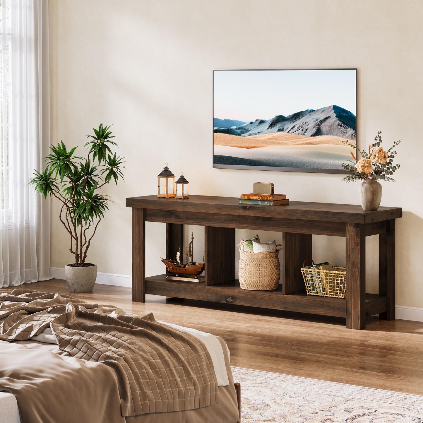 Solid Wood Console Table, 63-Inch Entryway Table with Storage, Long Wooden Sofa Table Behind Couch for Entryway, Hallway, Foyer, Living Room, Natural Wood