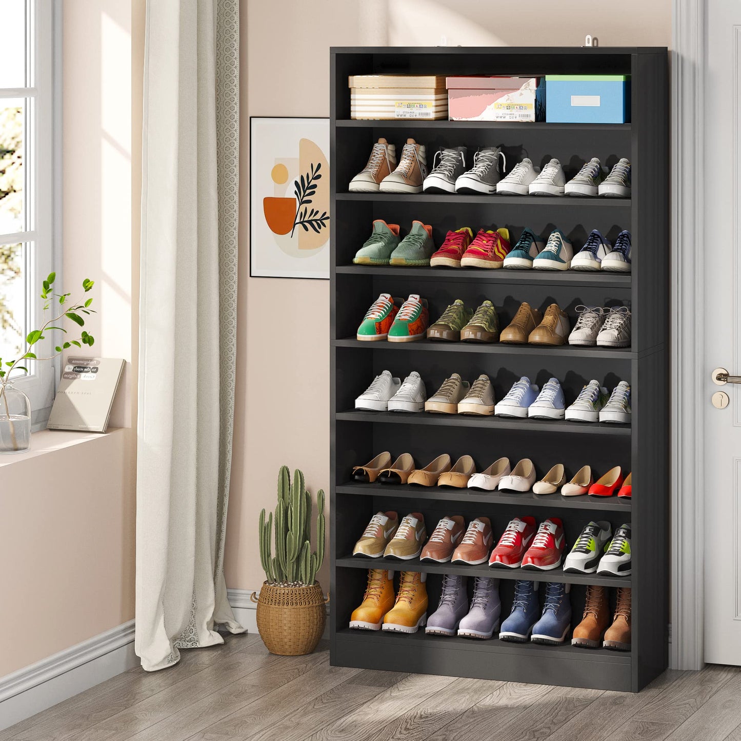 Tribesigns Shoe Cabinet, 9 Tiers 40-45 Pairs Heavy Duty Wood Freestanding Shoe Storage Cabinet, 70.8'' Tall Shoe Cabinet with Open Storage for Entryway, White